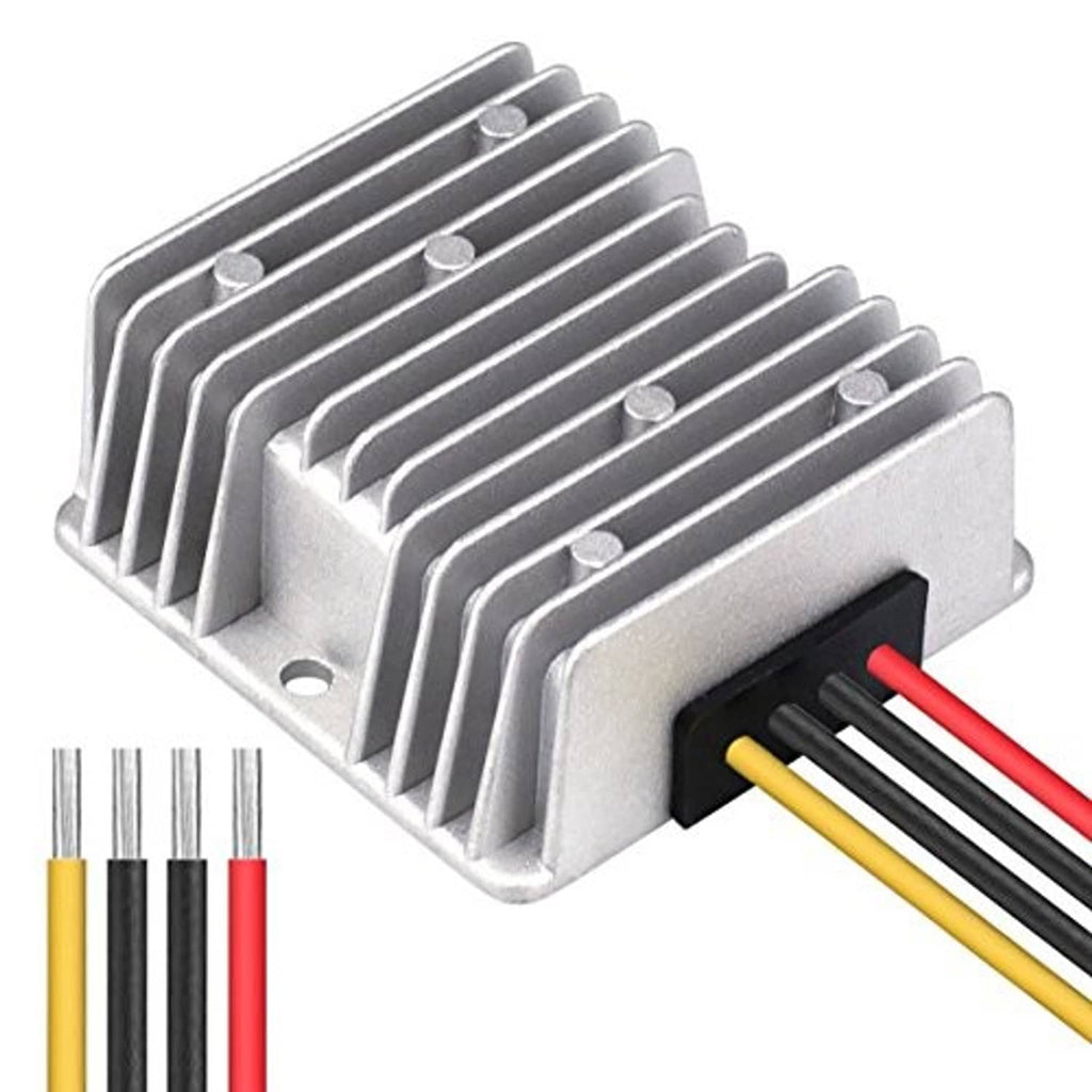 DC buck-boost converter with silver heatsink and terminal block with colored leads