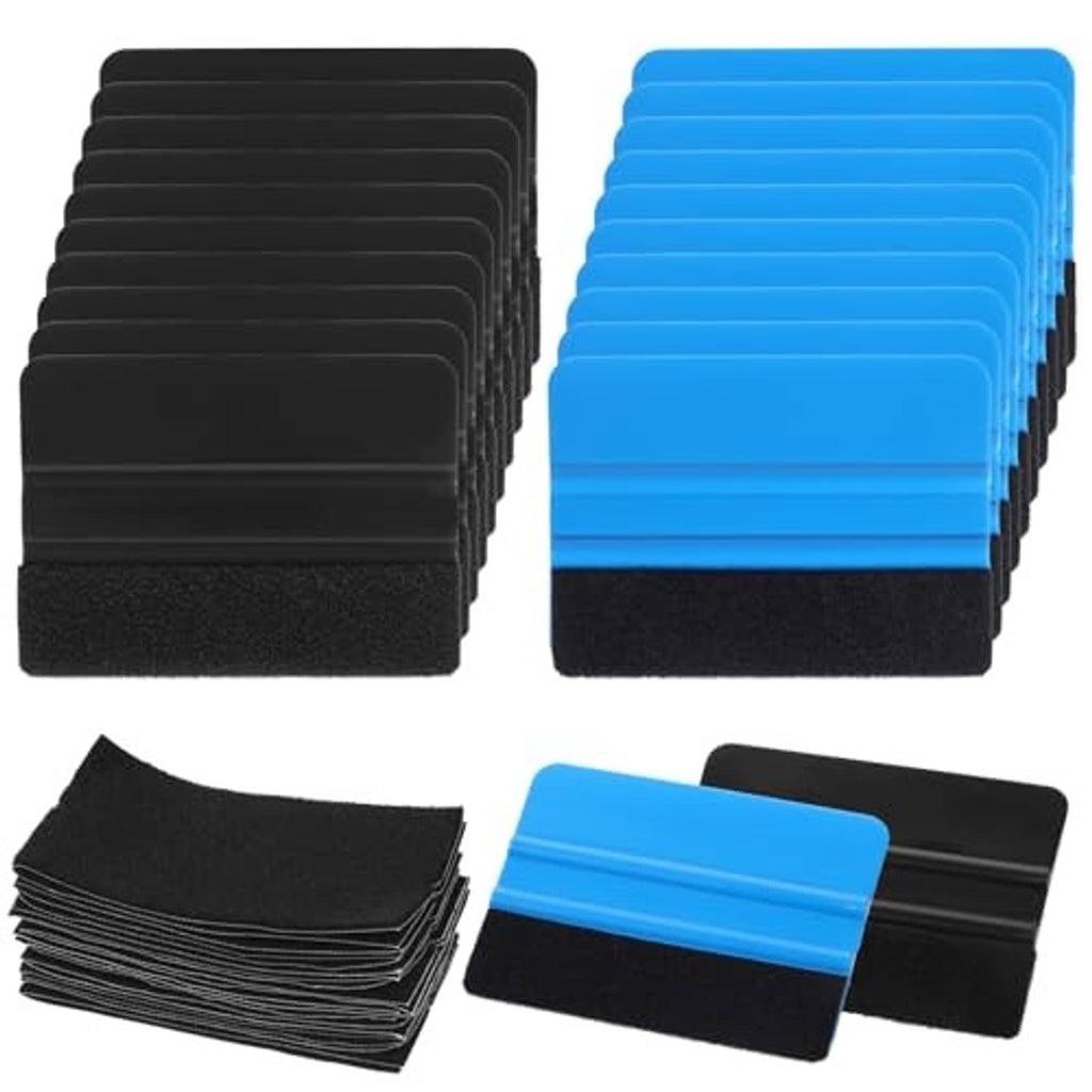 Blue and black vinyl squeegee pads with felt backing, multiple pieces stacked.