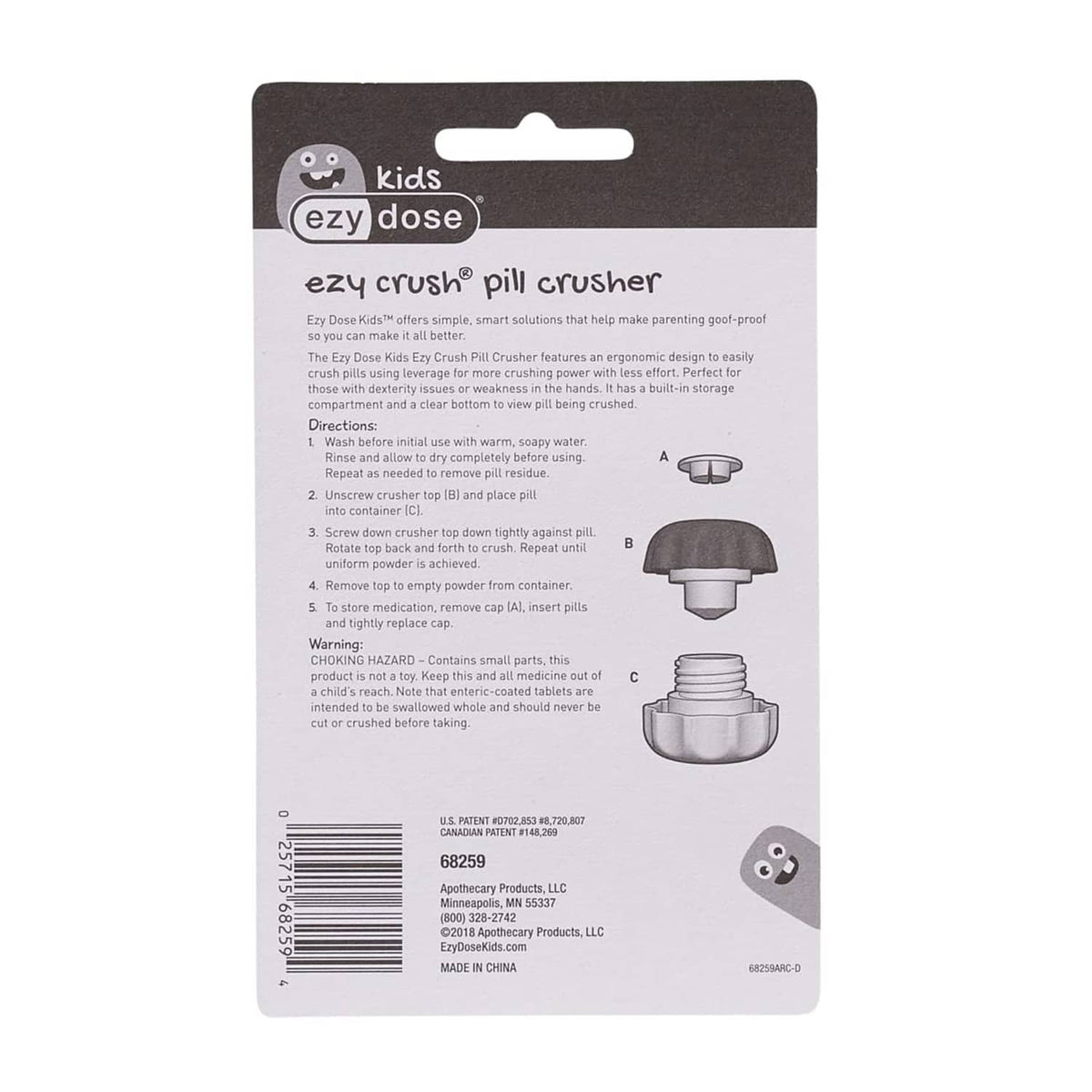 Ezy Dose kids pill crusher package, back of box
