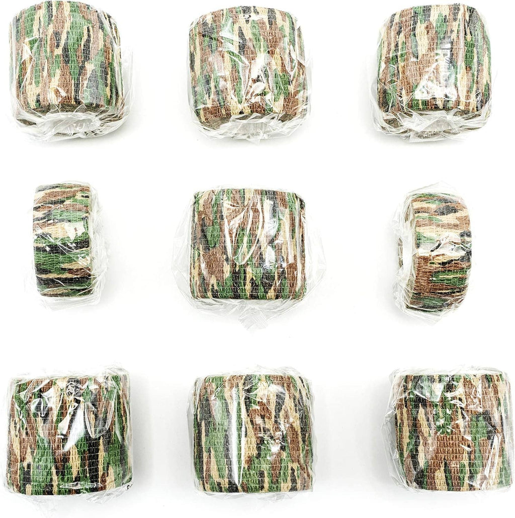 Set of camouflage elastic wrap tape rolls, each tightly packaged with white inner core.