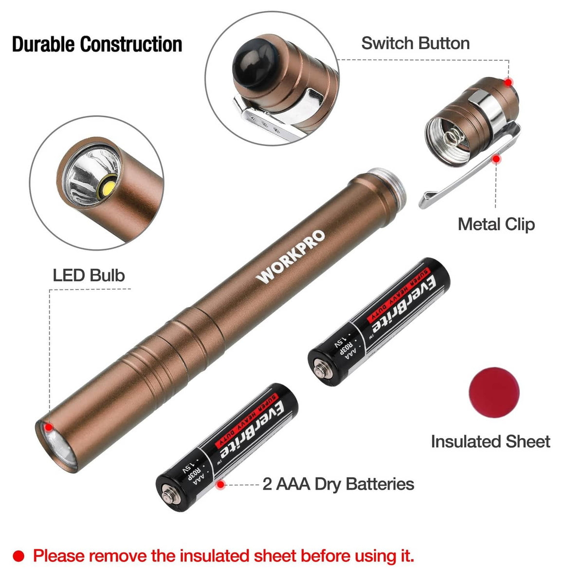 WORKPRO brown aluminum LED pen light with metal clip, switch, and battery compartment.