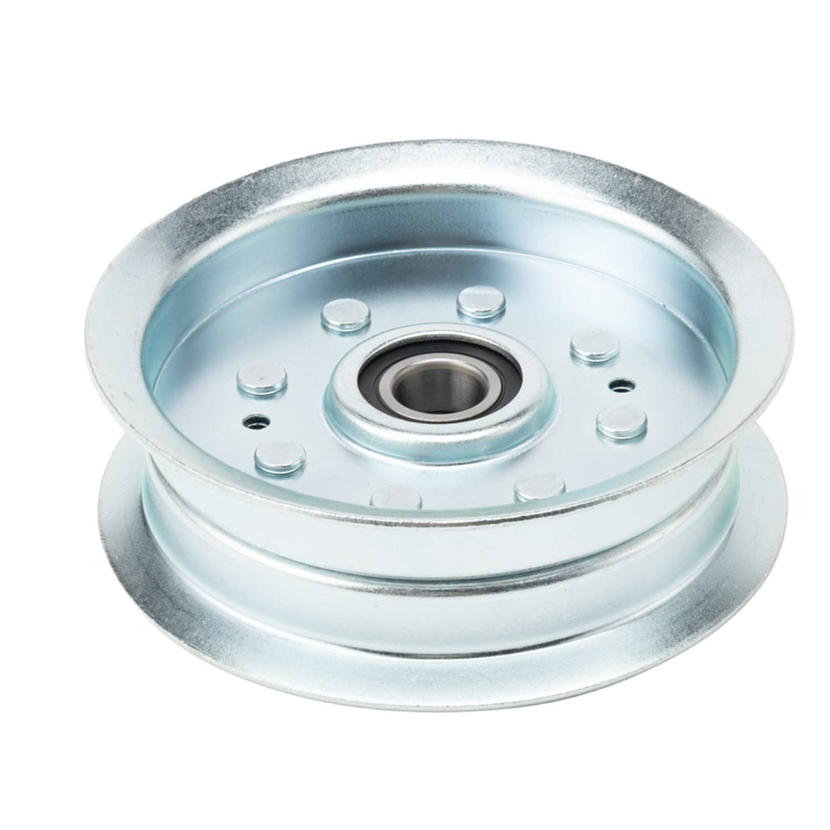 Metal pulley wheel with central bearing hole and raised rim