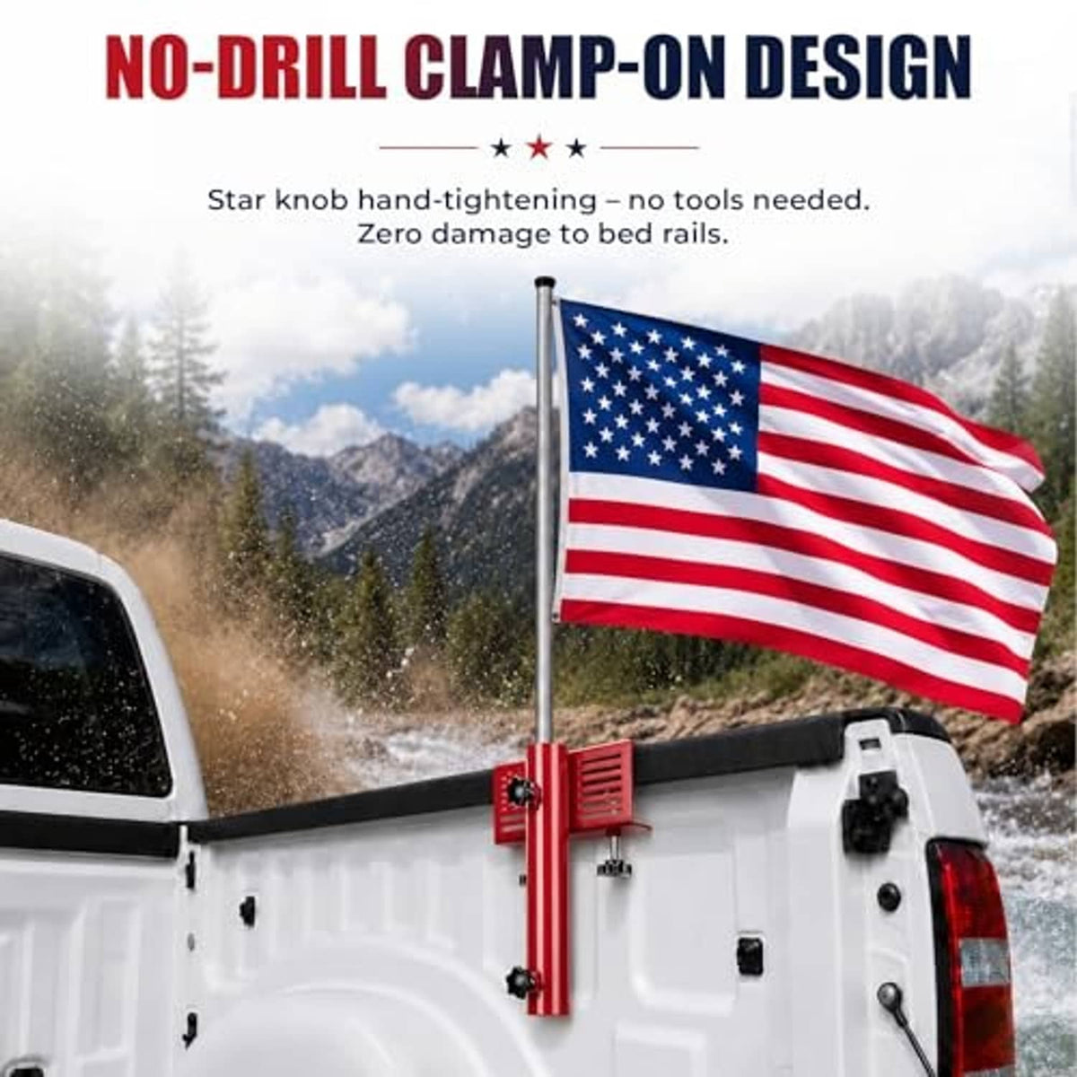 Red no-drill clamp-on flag pole mount on truck bed with American flag