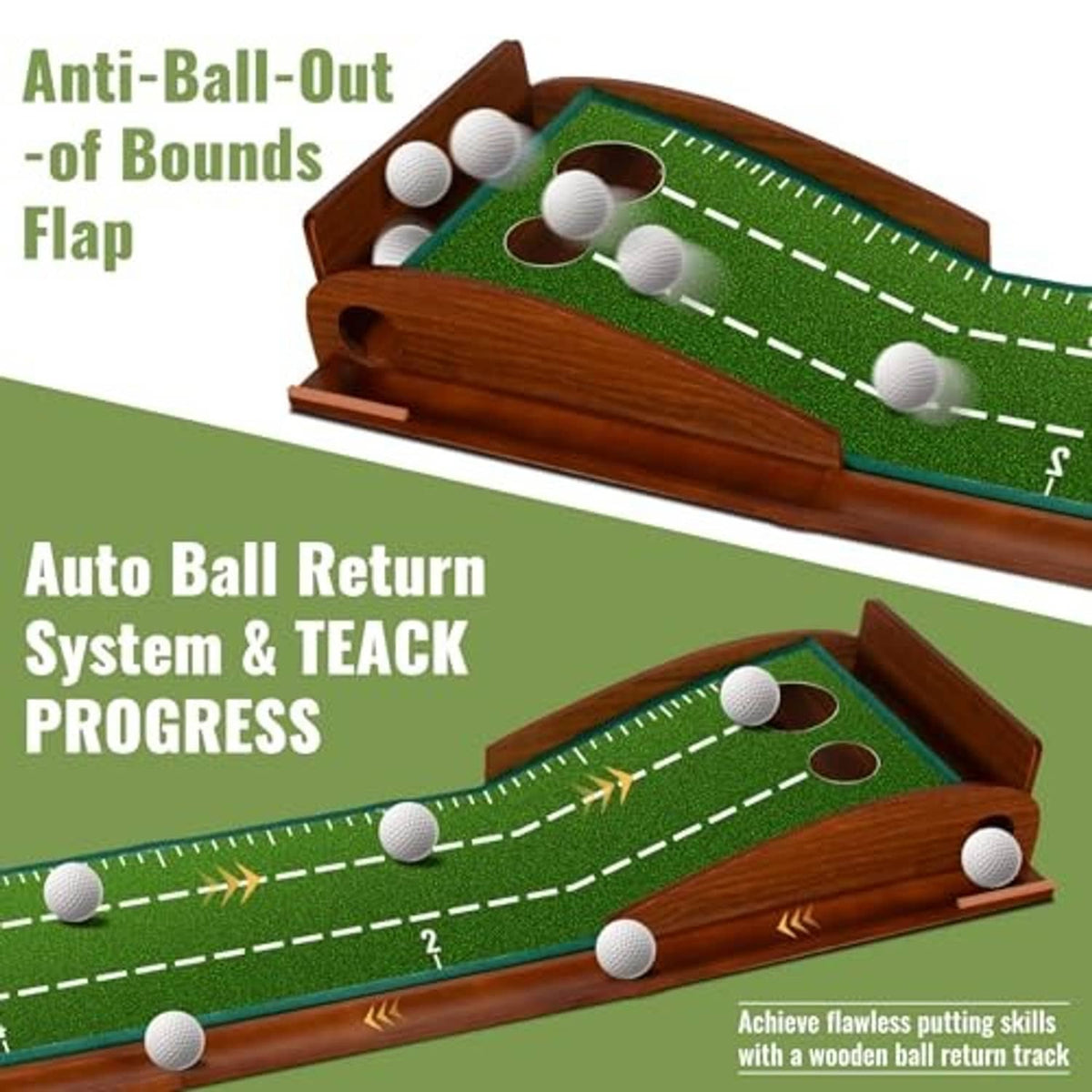 Wooden putting track with sloped lanes, ball return flap, and practice balls