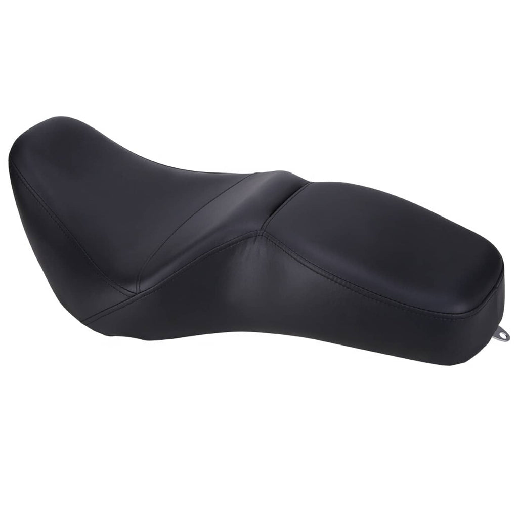Black two-up motorcycle seat side view, streamlined shape with subtle seam lines