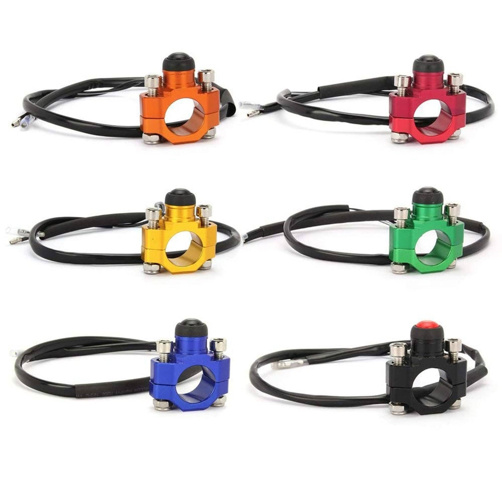Assorted color CNC kill switch clamps with red push buttons and wire leads