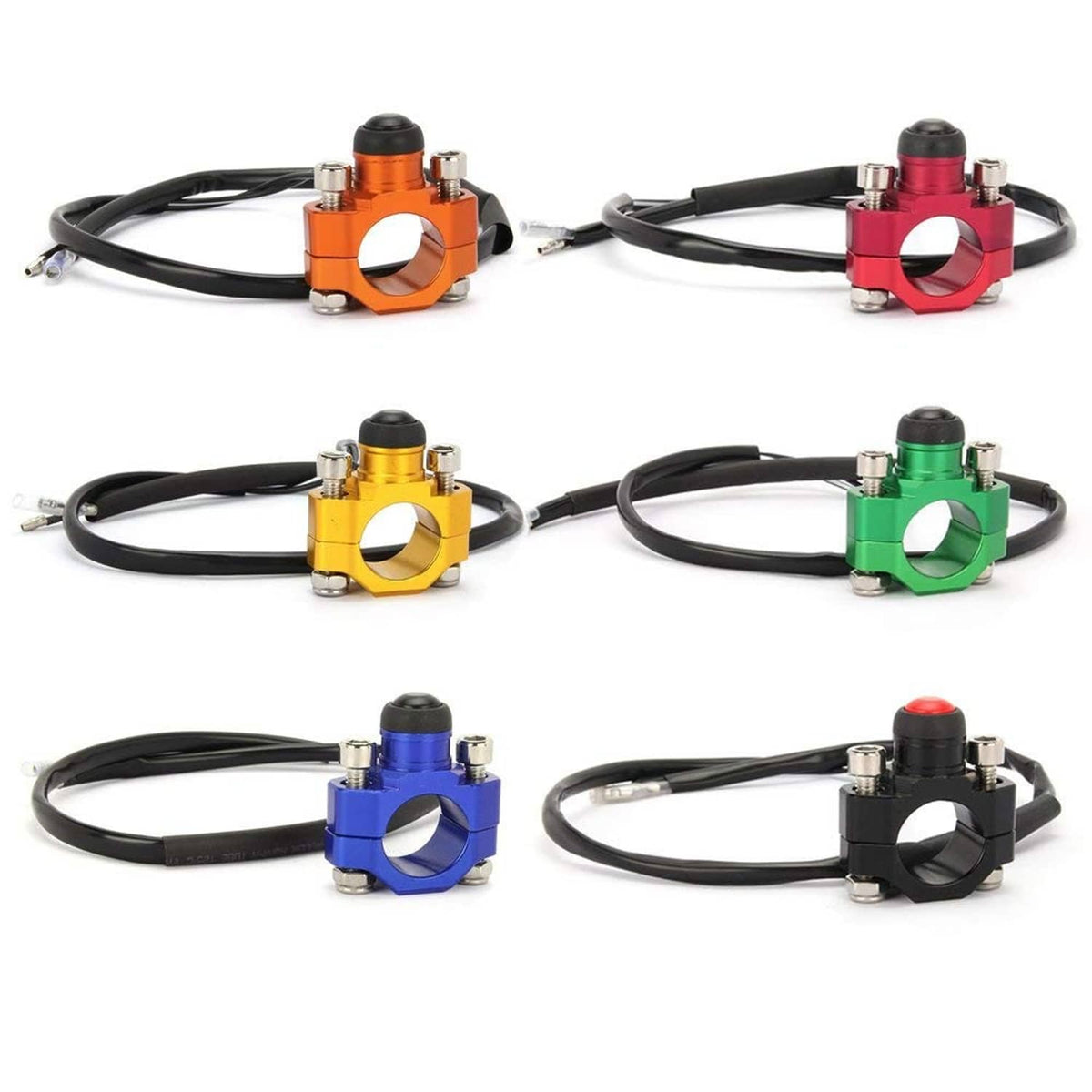 Assorted color CNC kill switch clamps with red push buttons and wire leads