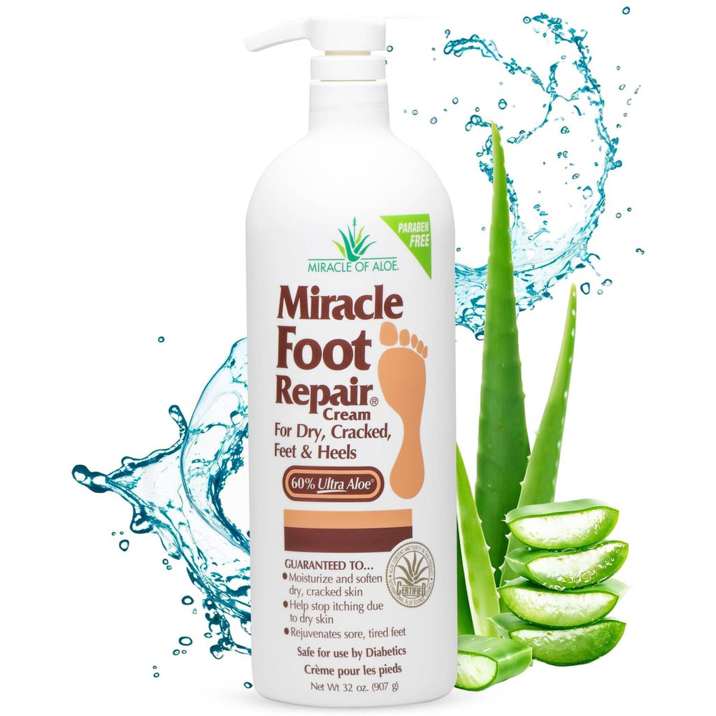 Miracle Foot Repair Cream bottle, white with pump, for dry cracked feet and heels, 32 oz