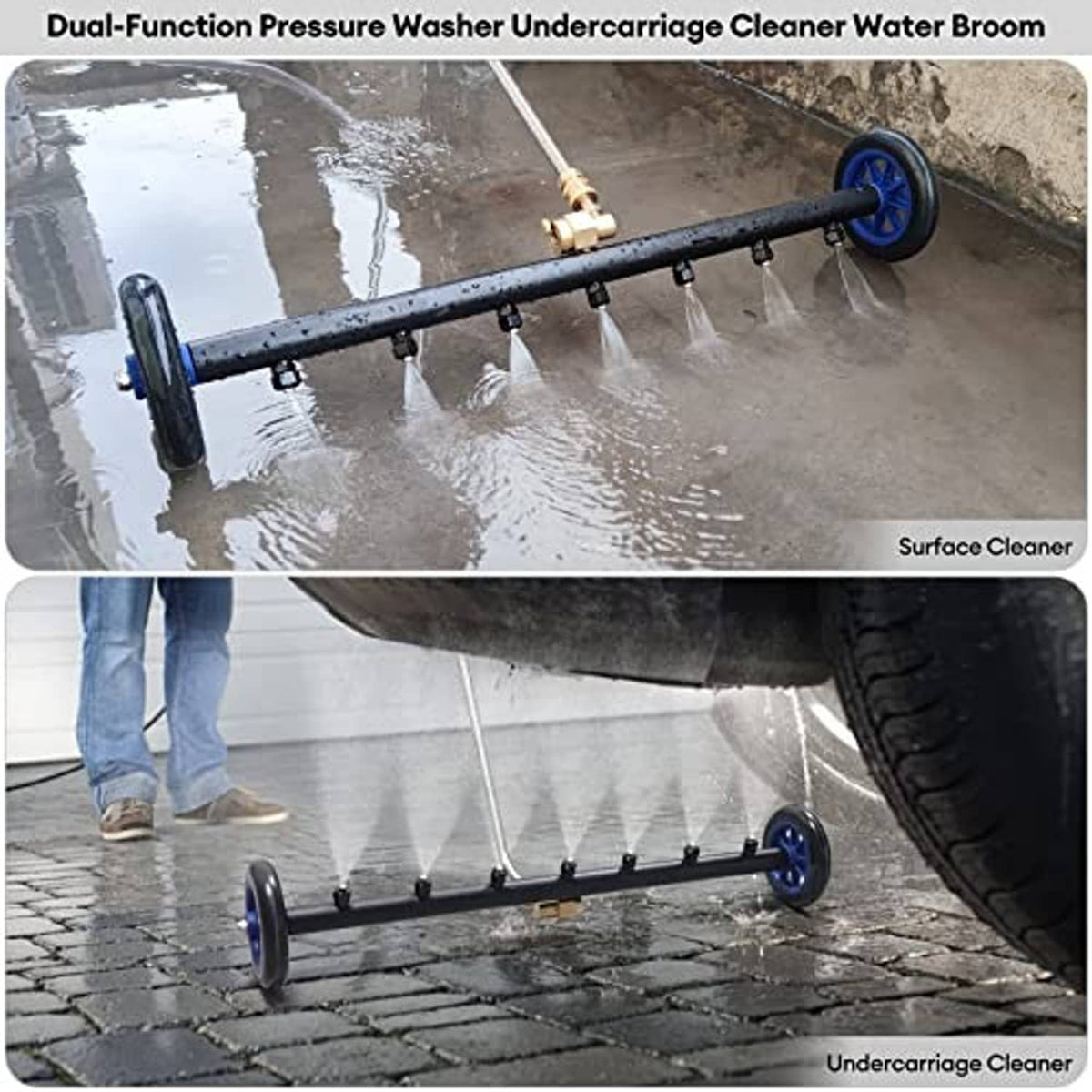 Undercarriage cleaner water broom spraying water under vehicle with black bar and blue wheels