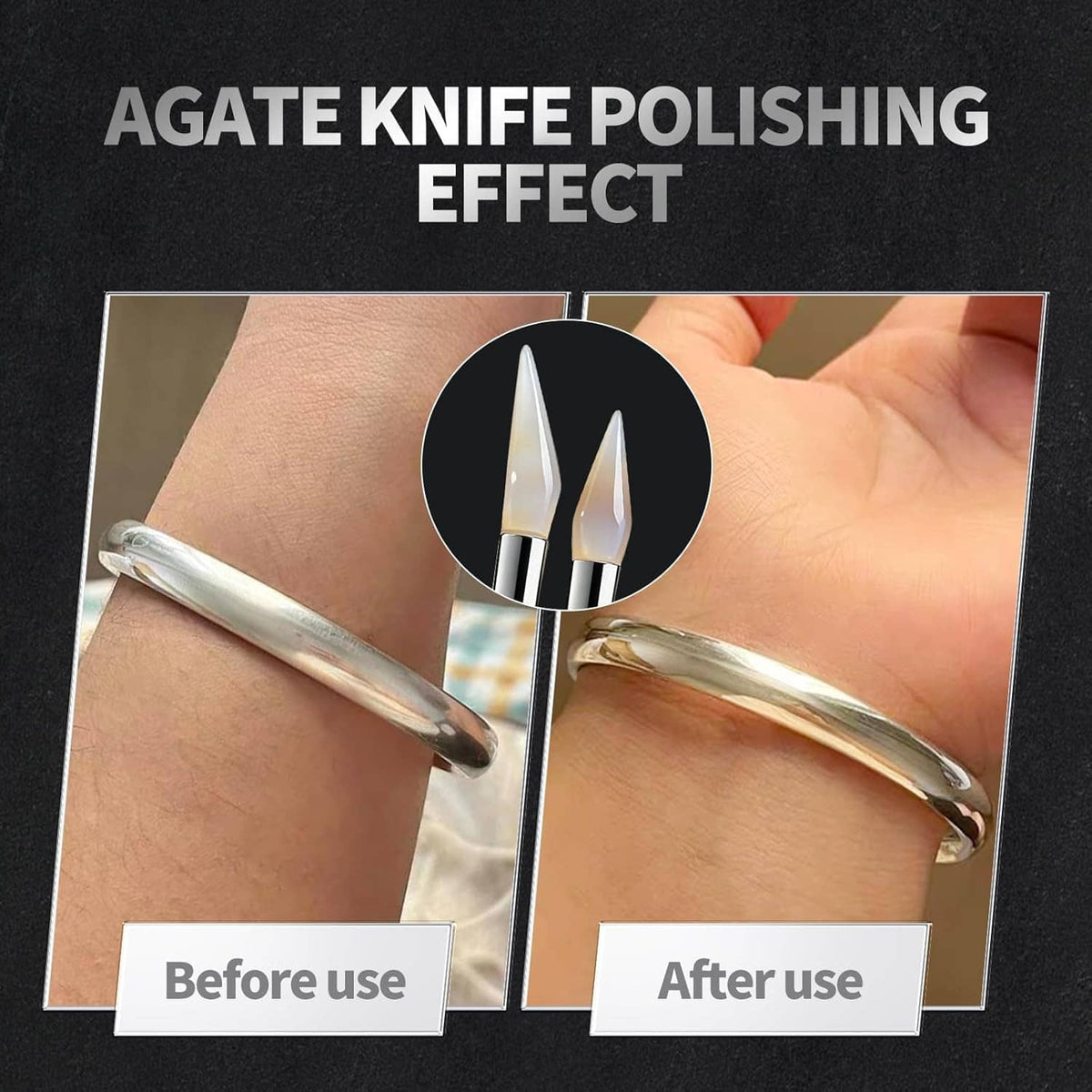 Agate knife polishing tool demonstrating shine on metal jewelry, pointed gemstone tip