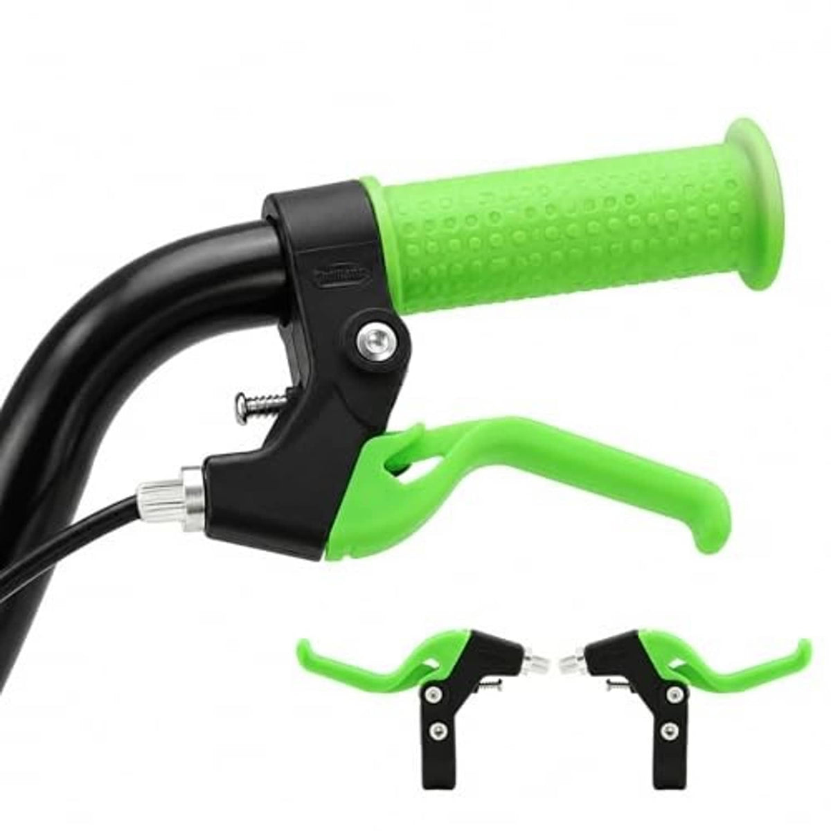 Kids brake lever pair with neon green grips, black lever arms and cable ends