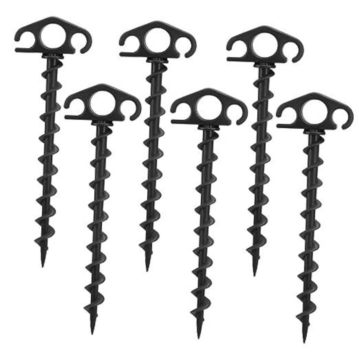 Black screw-in tent stakes with hooked heads, pack of 6 ground anchors