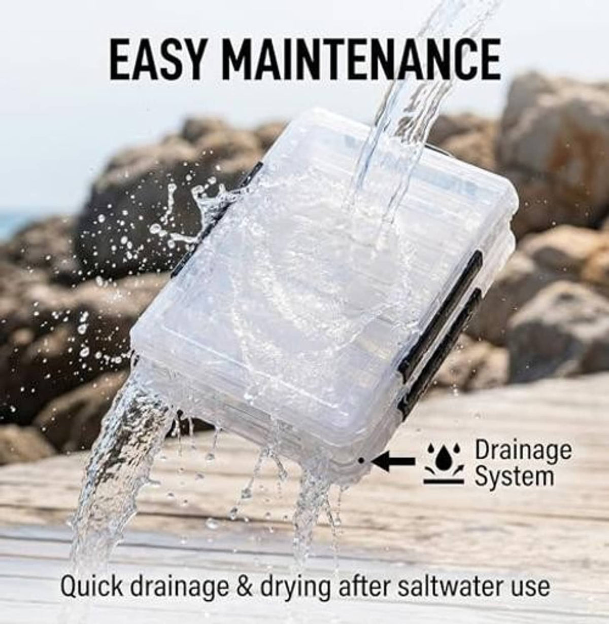Transparent-lidded tackle box with water splashing and drainage system detail