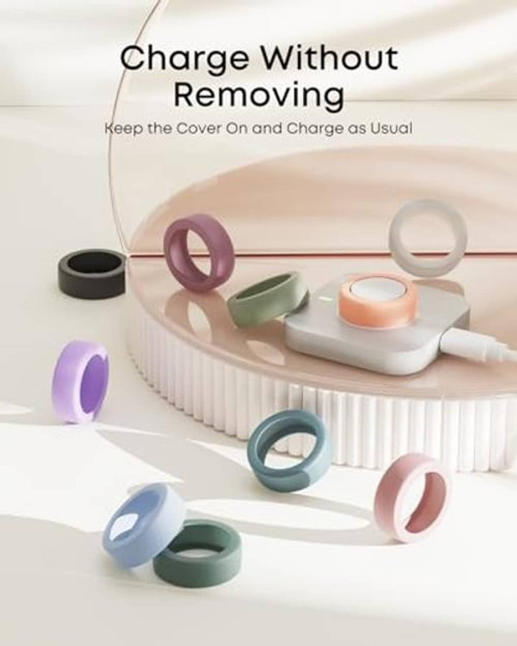 Silicone ring covers in multiple Morandi colors, shown near a charger without removing the cover
