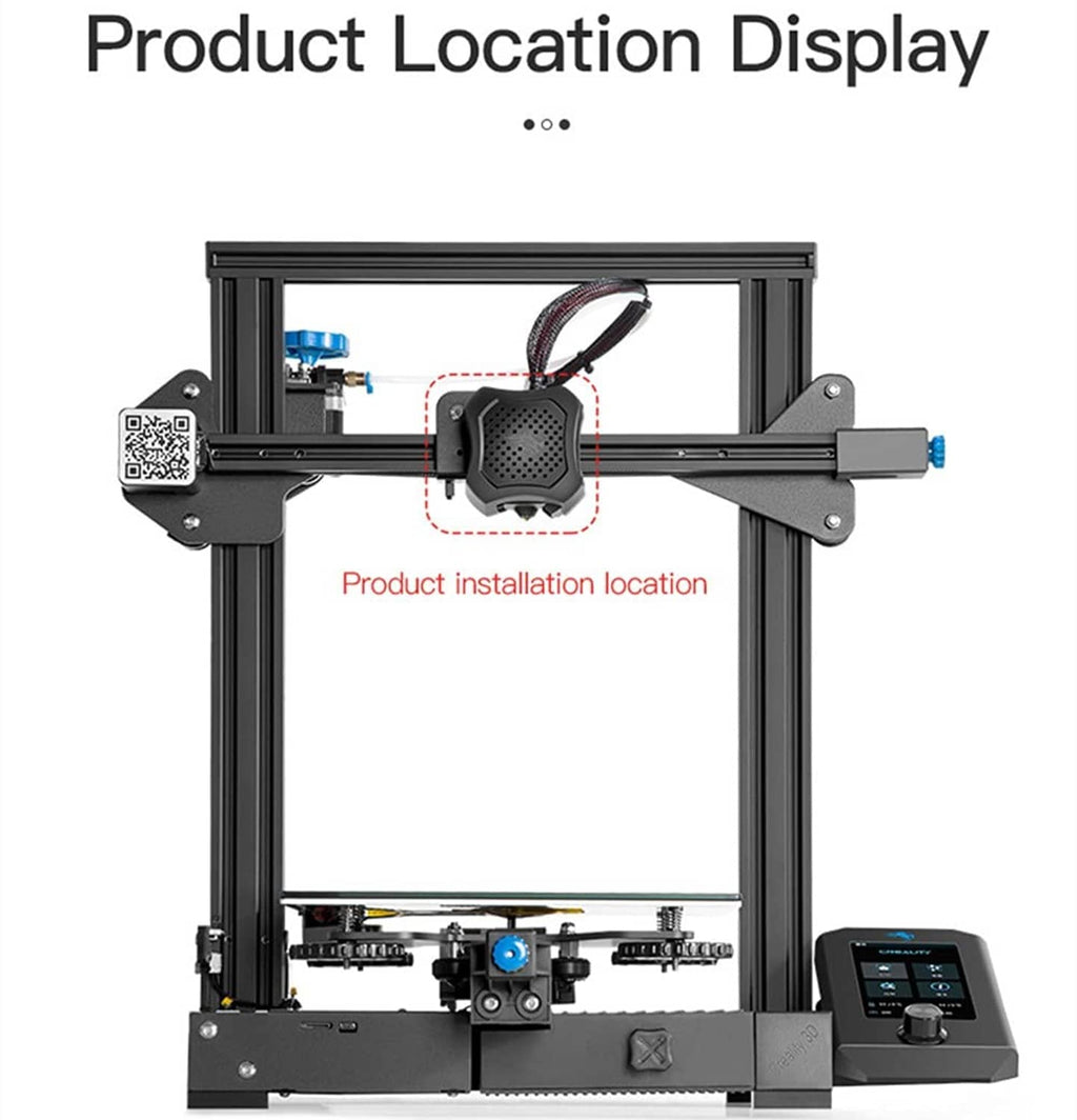 Hotend installed on 3D printer frame, showing wiring and fan cover location