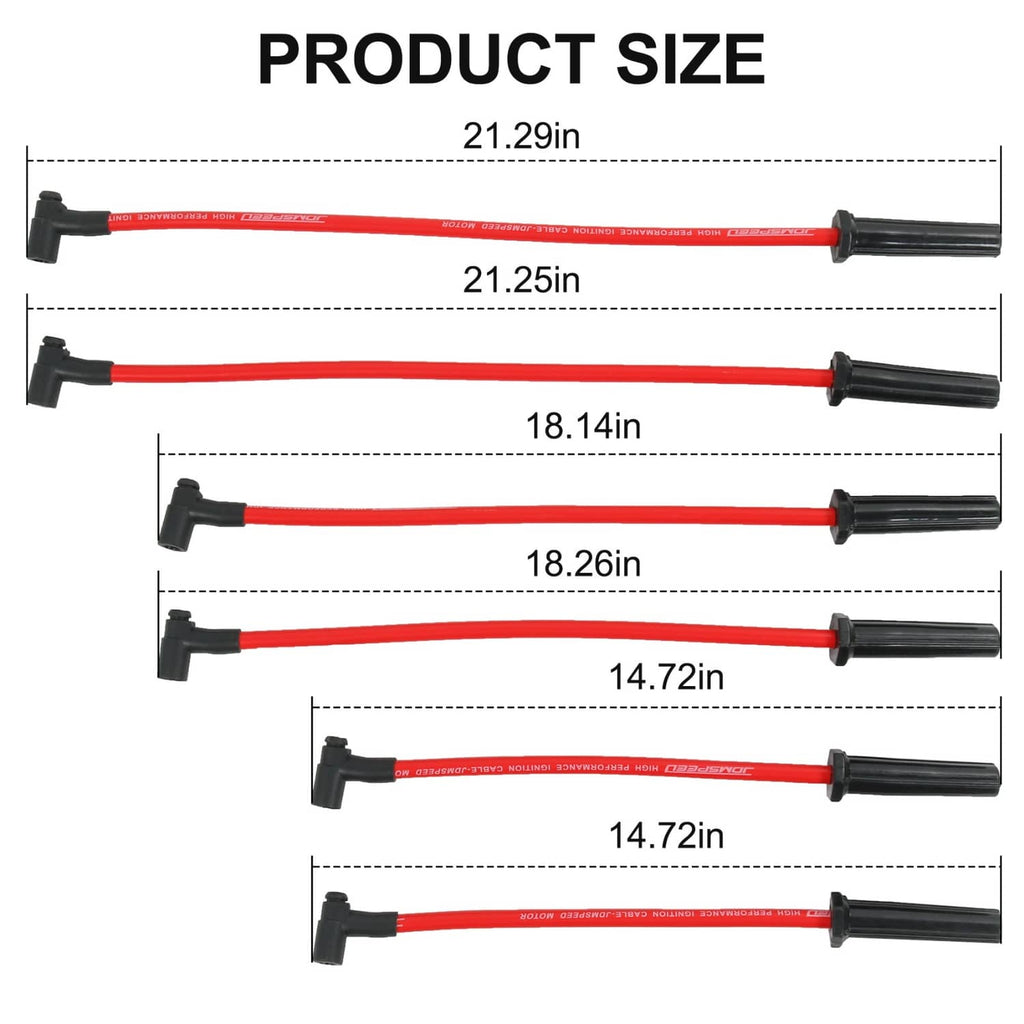 Red spark plug wire set layout with multiple black boots and connector ends