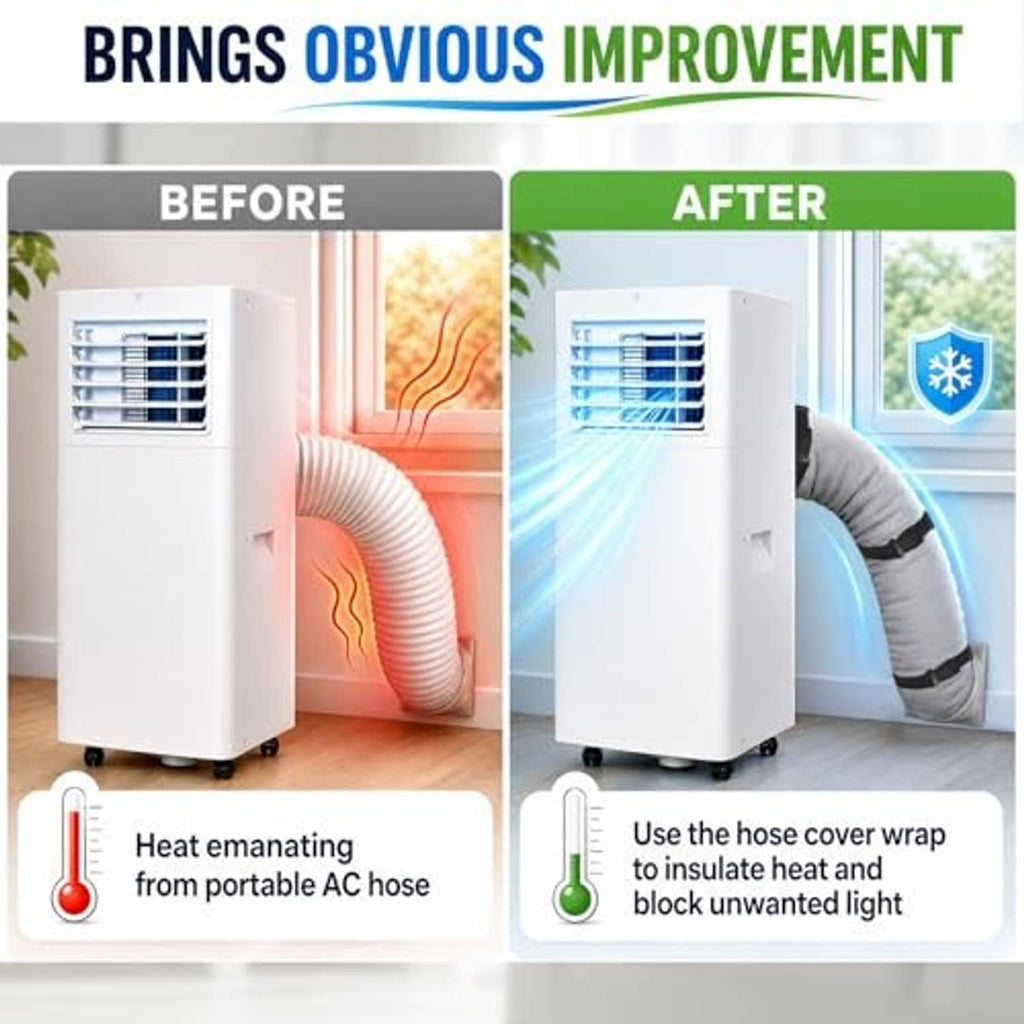 Gray AC hose sleeve wrap around flexible duct on a portable air conditioner