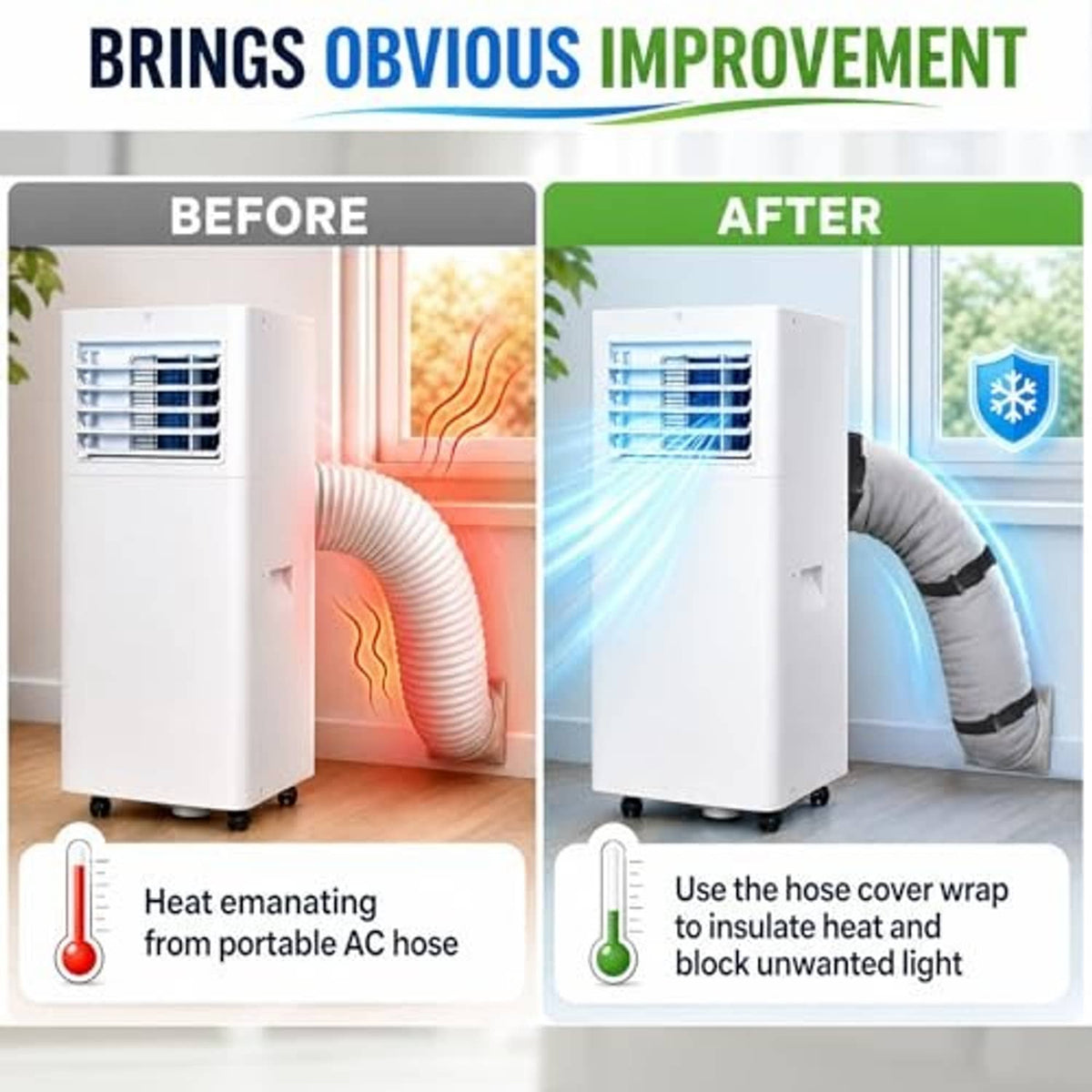 Gray AC hose sleeve wrap around flexible duct on a portable air conditioner