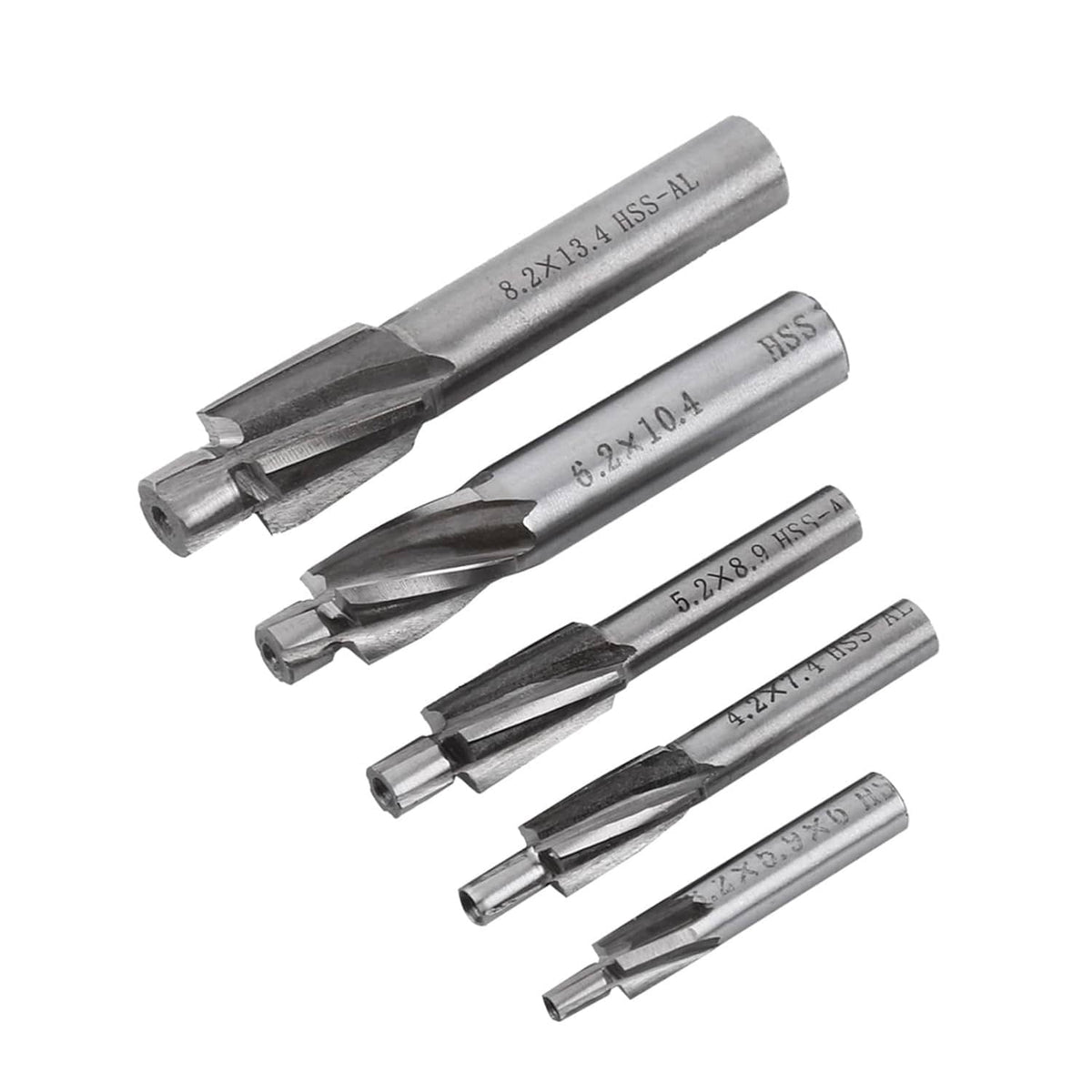 Five HSS-AL counterbore drill bits with straight shanks and spiral flutes