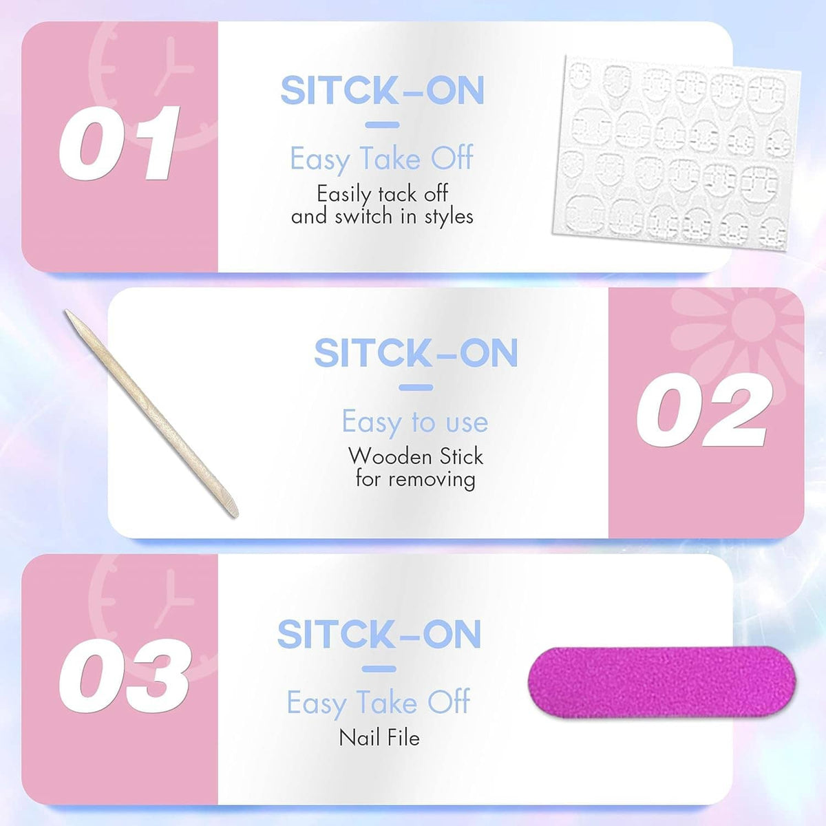 Press-on nail set with SITCK-ON instructions and nail file accessory
