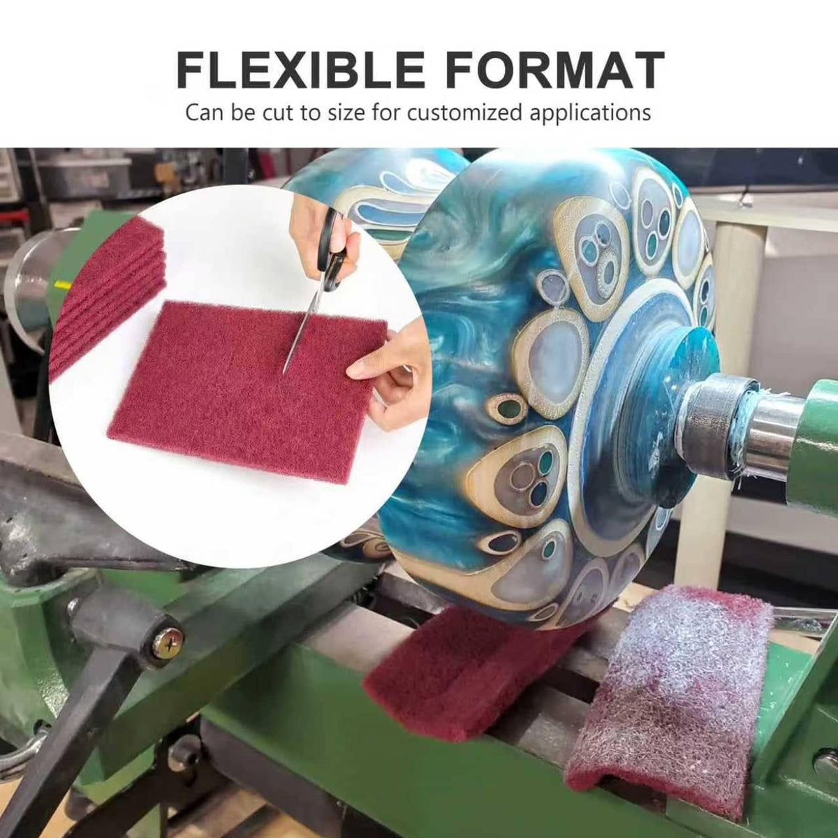 Maroon abrasive scuff pad blocks mounted for sanding on a rotary tool.