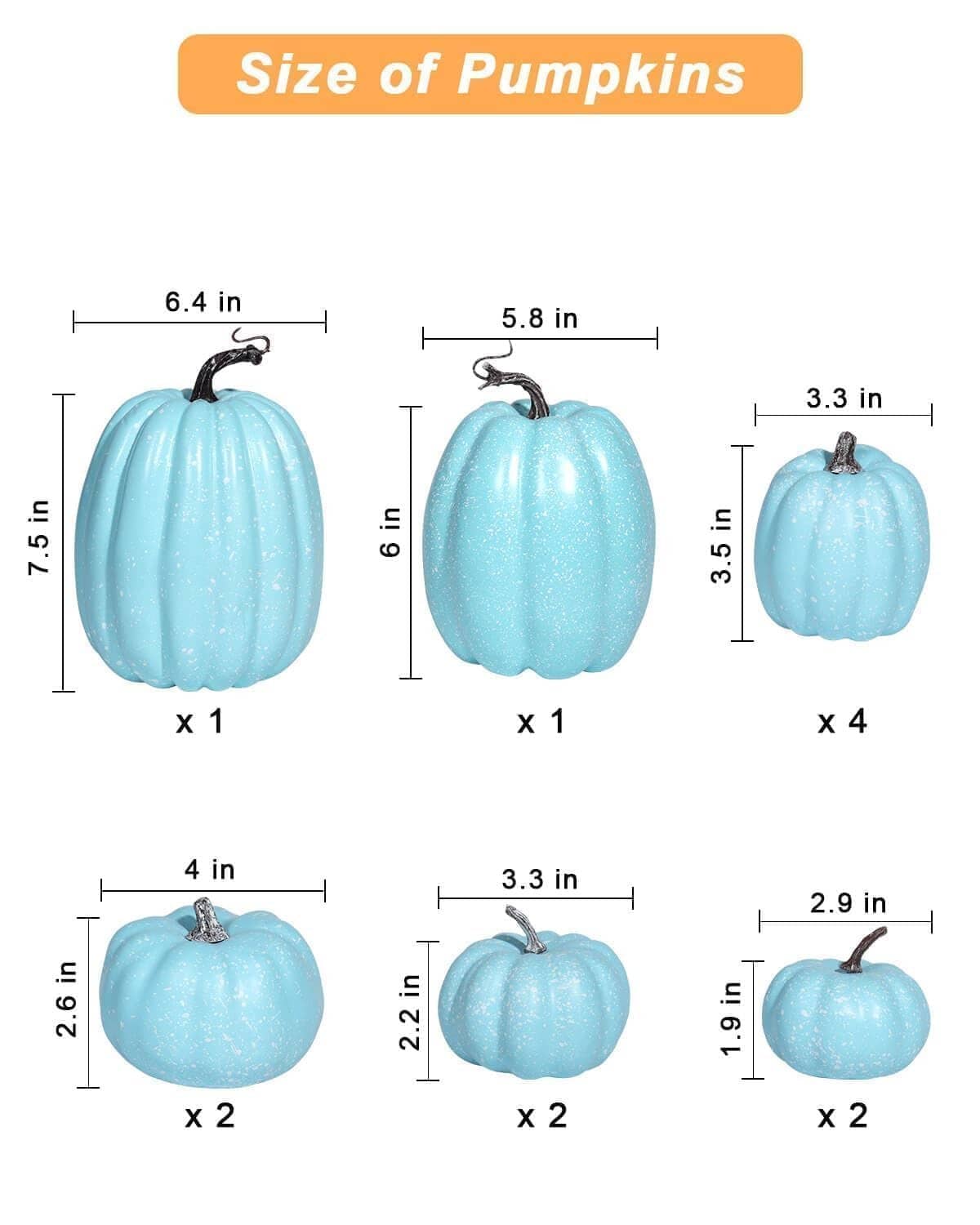 Assorted light blue plastic pumpkins in mixed sizes with curled stems