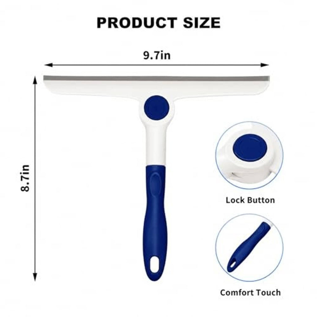 9.7 in window squeegee with blue lock button, comfort-touch handle, and gray blade.