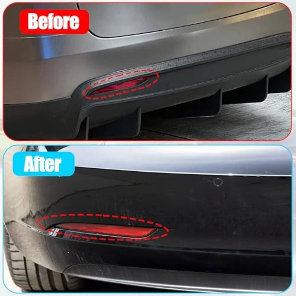 Rear bumper area with dashed outline showing improved reflector fit after installation