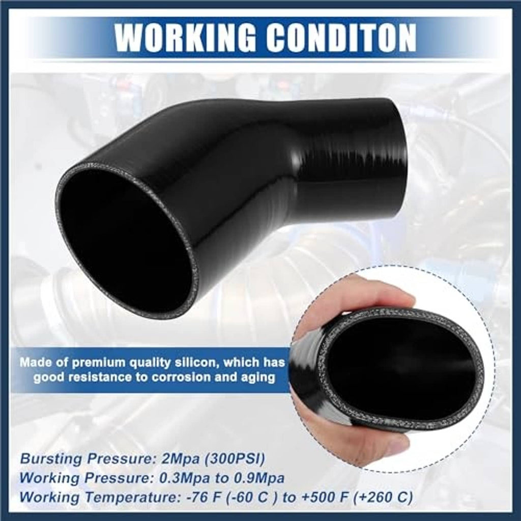 Black 45-degree silicone hose elbow reducer coupler with reinforced inner rim, hand shown