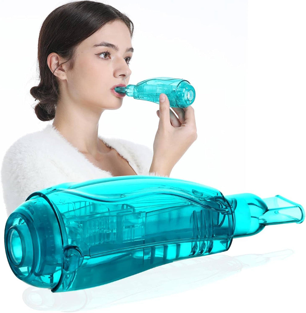 Flutter valve breathing exercise device with turquoise mouthpiece, woman using it