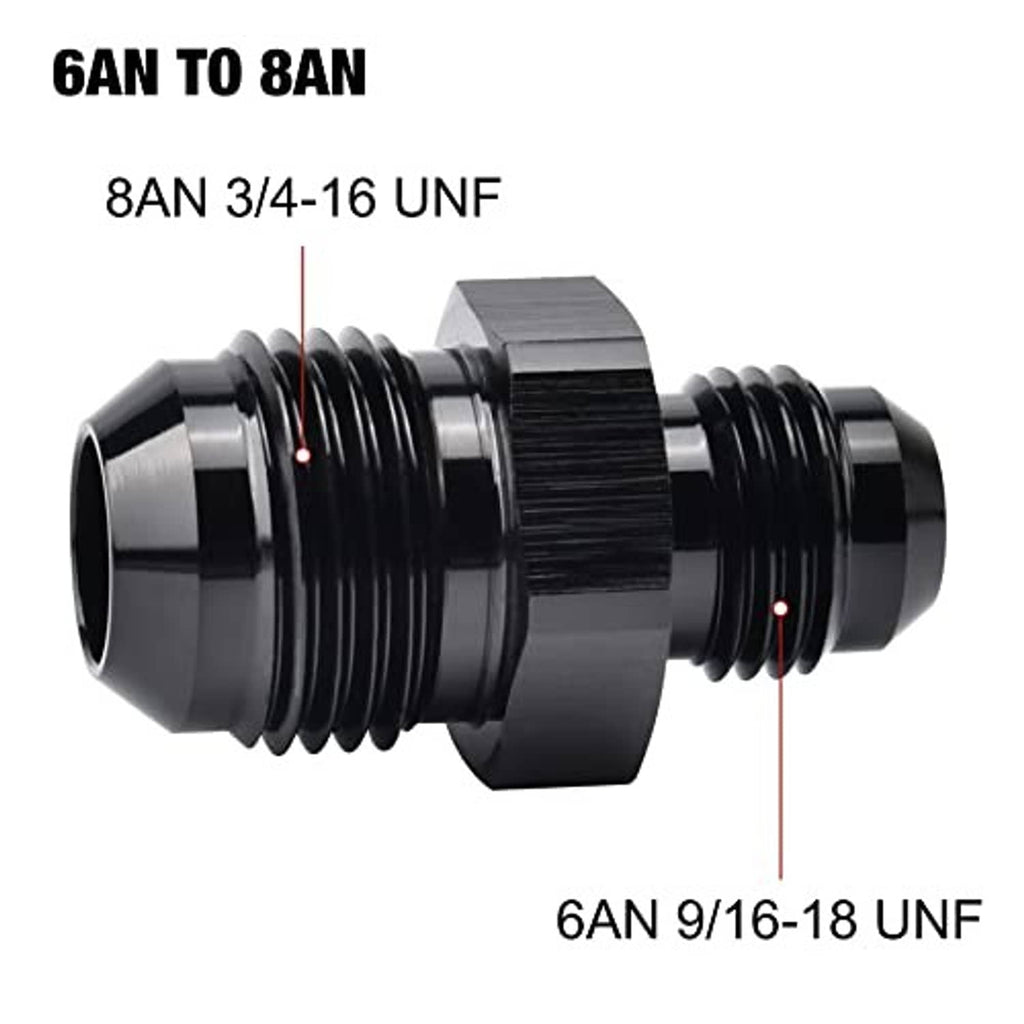 Black AN flare reducer coupler with ridged threads and hex ends