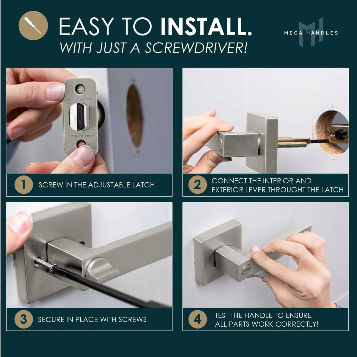 Polished chrome door lever lock handle installation steps with screws