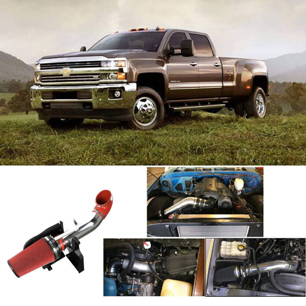 Pickup truck with engine-bay inset showing installed chrome intake pipe and cone air filter.