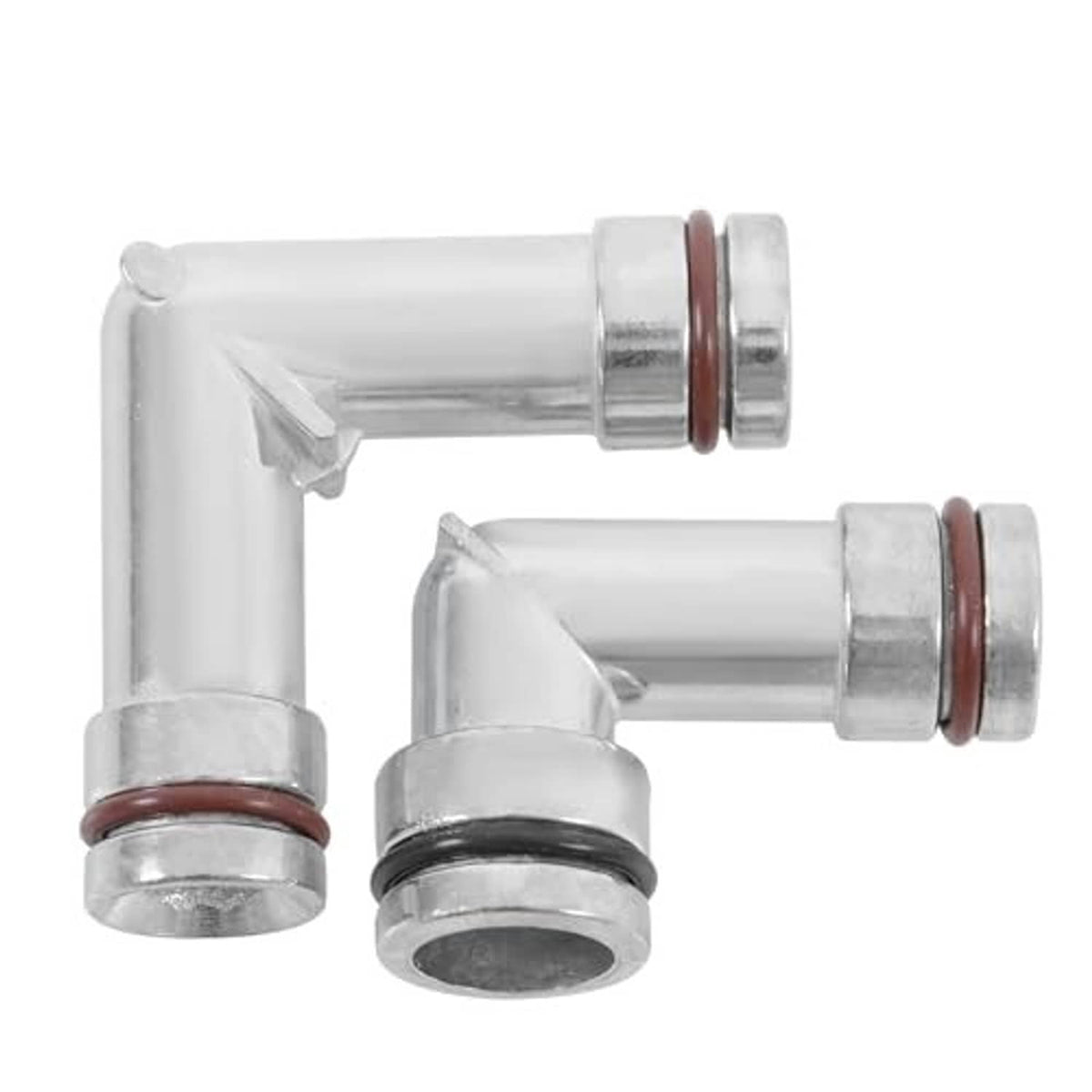 Aluminum heater hose elbow pair in L-shape, silver with brown and black sealing rings