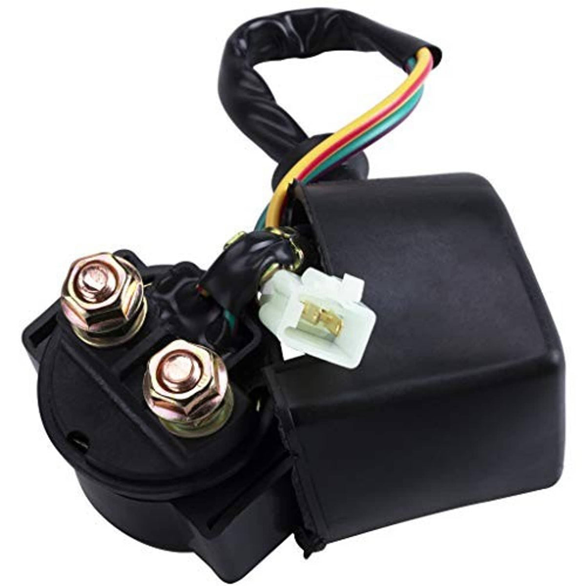 Black CDI regulator rectifier module with four-bolt terminal posts and white connector