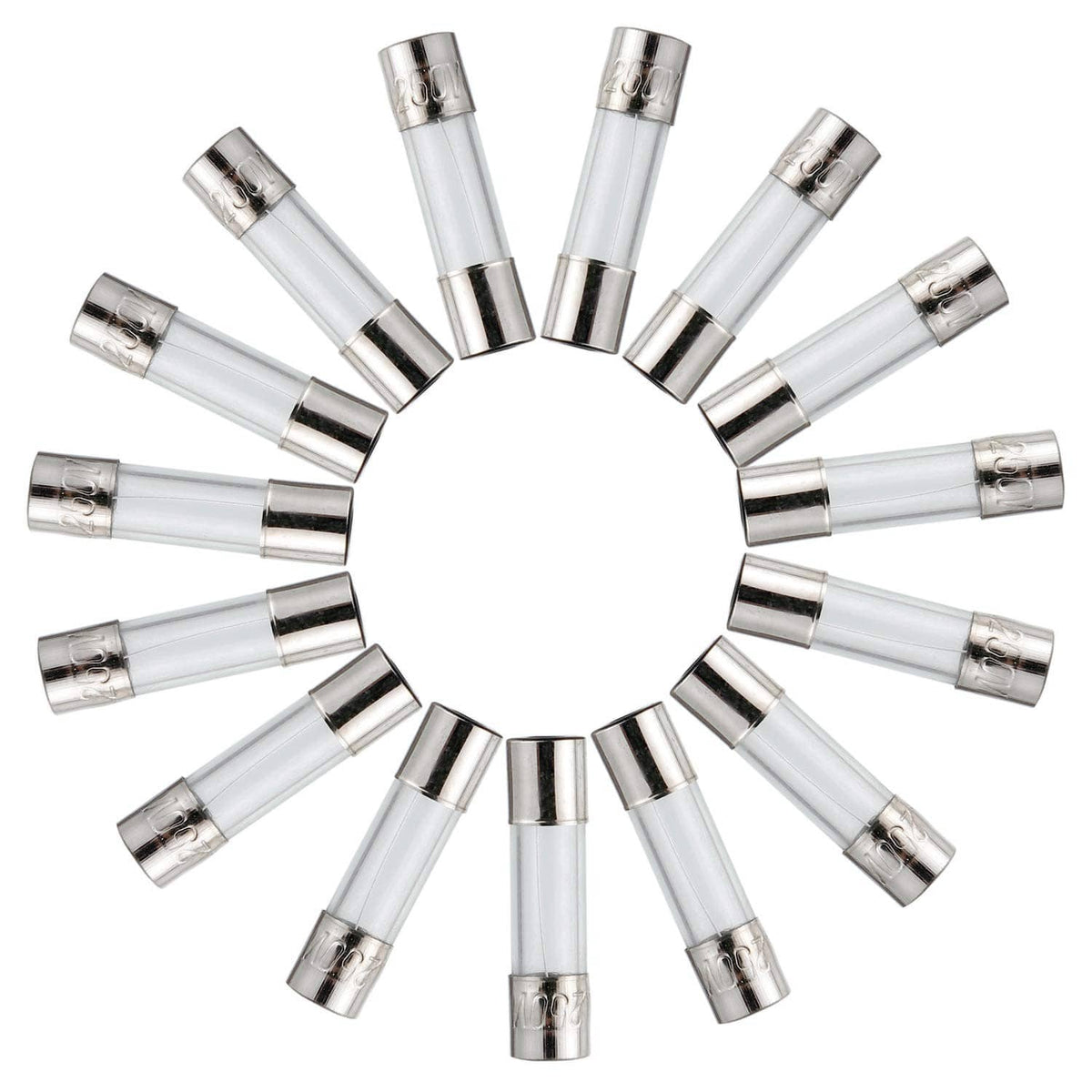 Set of 5x20mm fast-blow glass fuses with metal end caps
