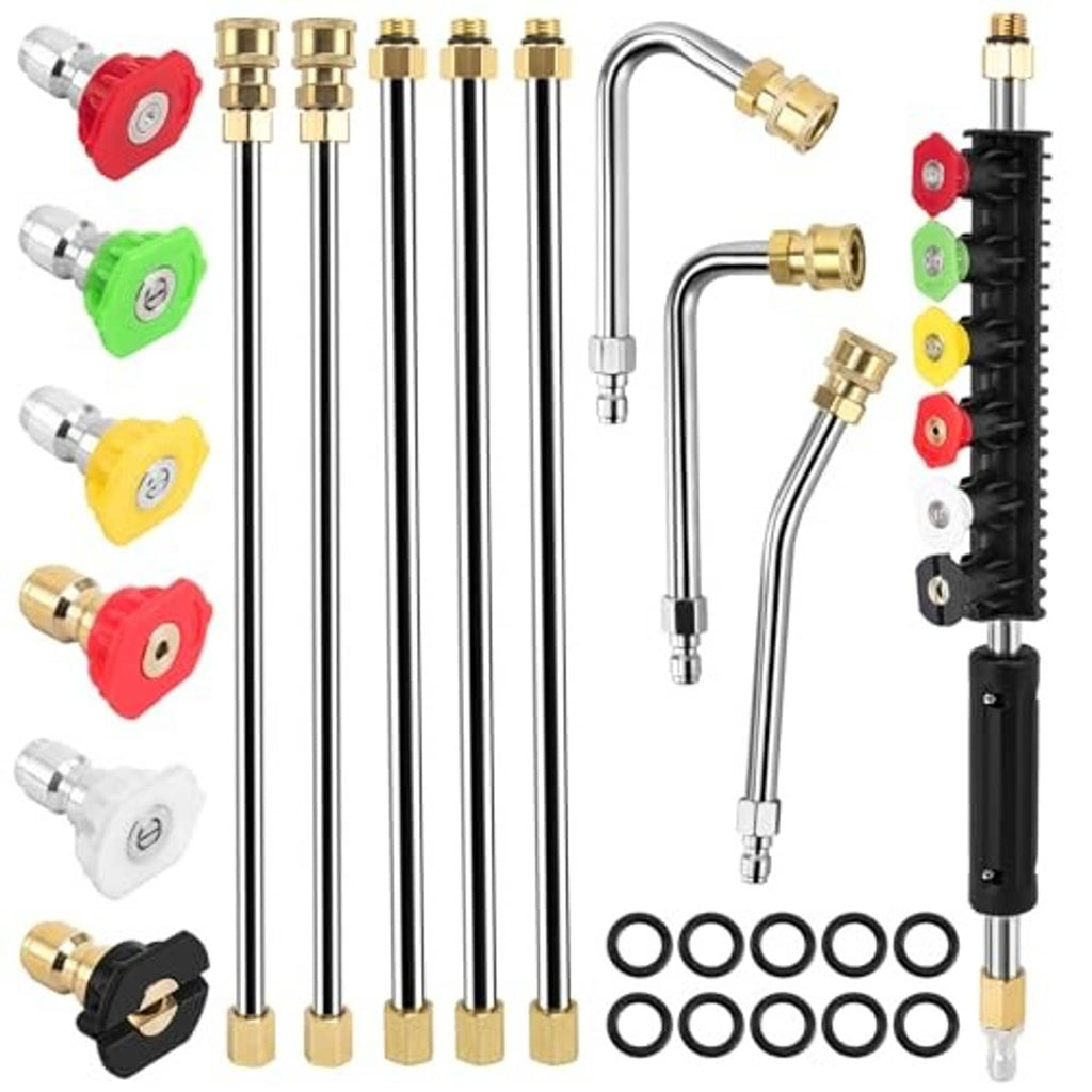 Pressure washer extension wand kit with multiple extension tubes, brass couplers, and nozzles
