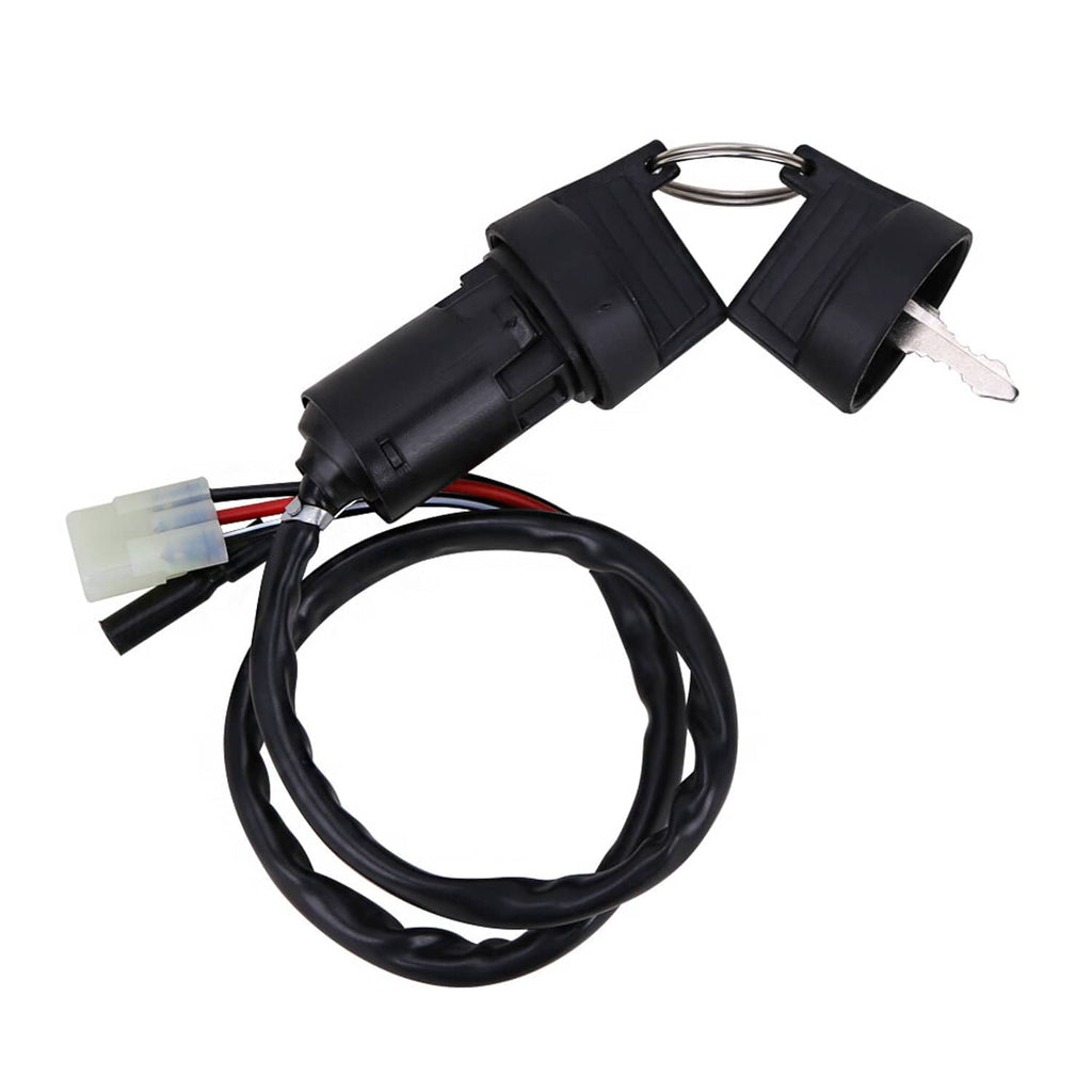 Ignition key switch assembly with key cylinder, wiring harness, and connector ends