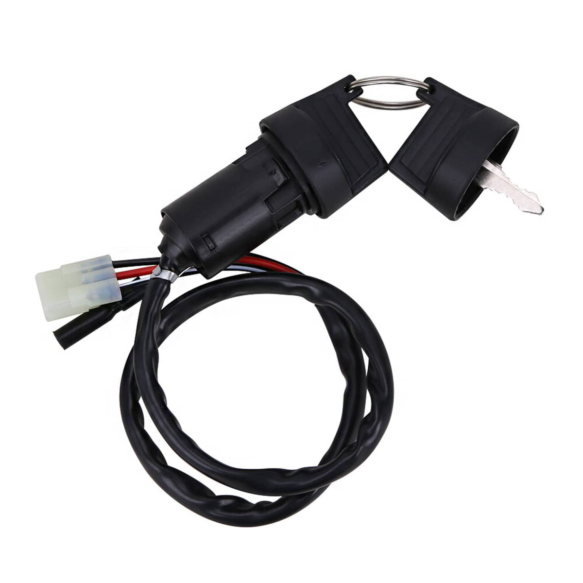Ignition key switch assembly with key cylinder, wiring harness, and connector ends