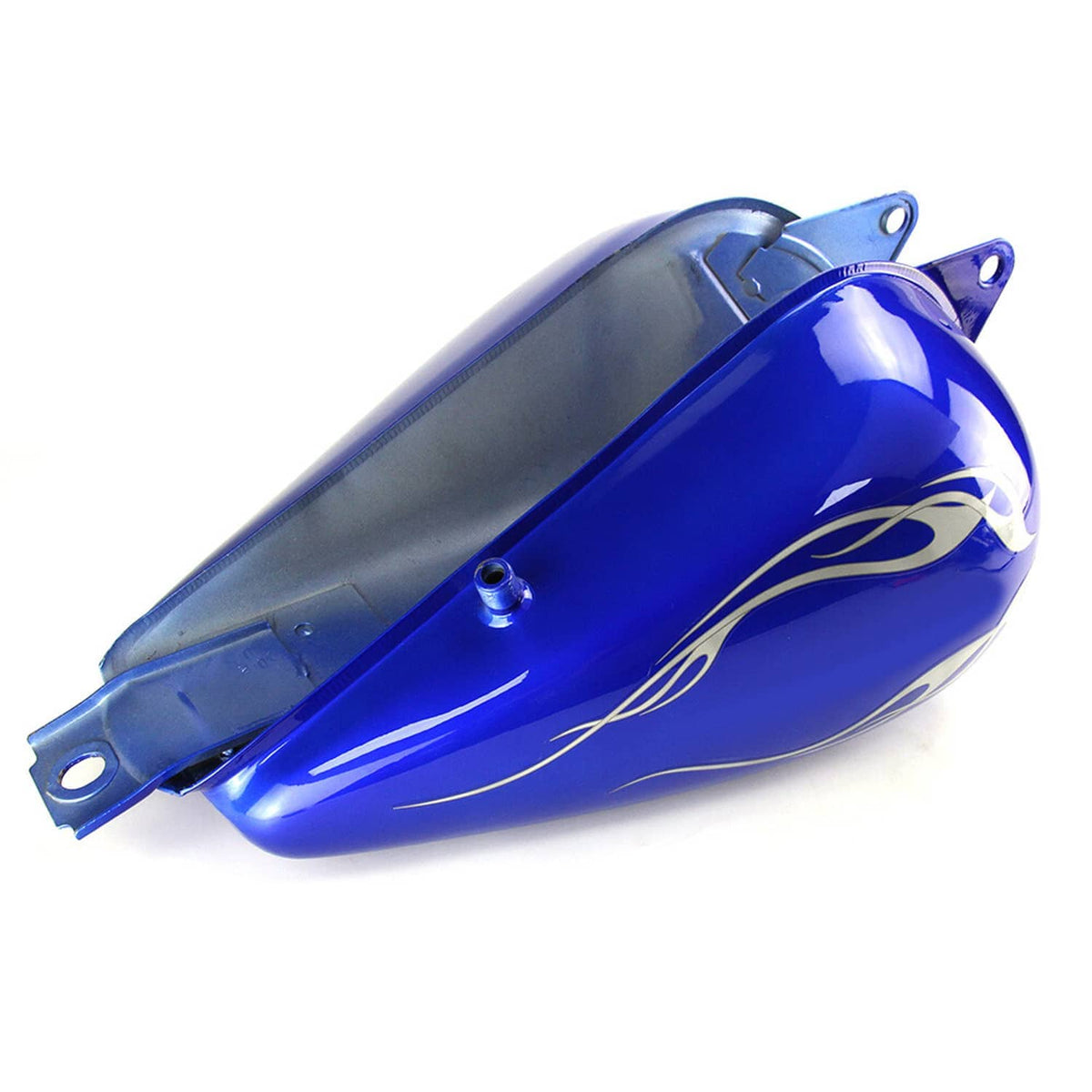 Blue motorcycle fuel gas tank with mounting brackets and circular holes
