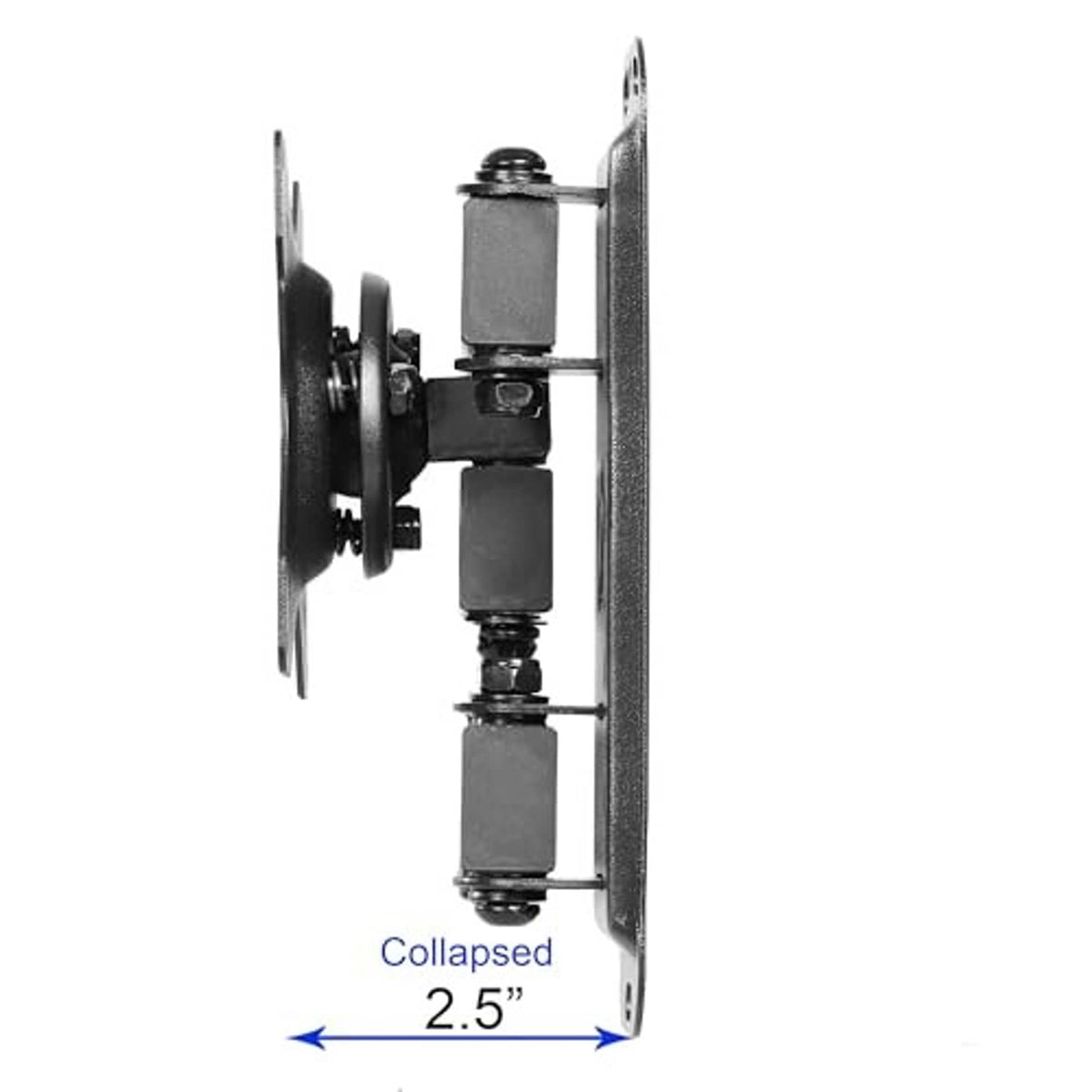 Black TV wall mount shown collapsed with slim 2.5 in profile