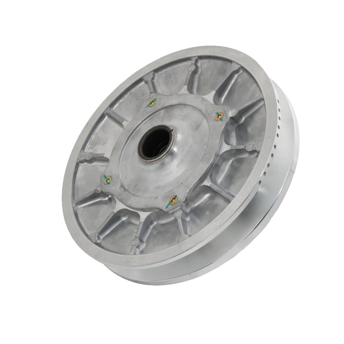 Secondary driven clutch sheave, silver metal wheel with center bore and outer vent holes