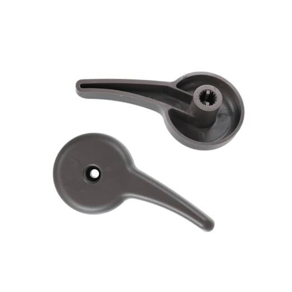 Gray plastic seat recliner handle lever with mounting hardware, left and right pieces.