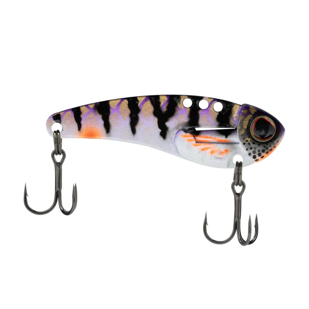 Multicolor blade bait lure with black stripe pattern, red eye, two treble hooks