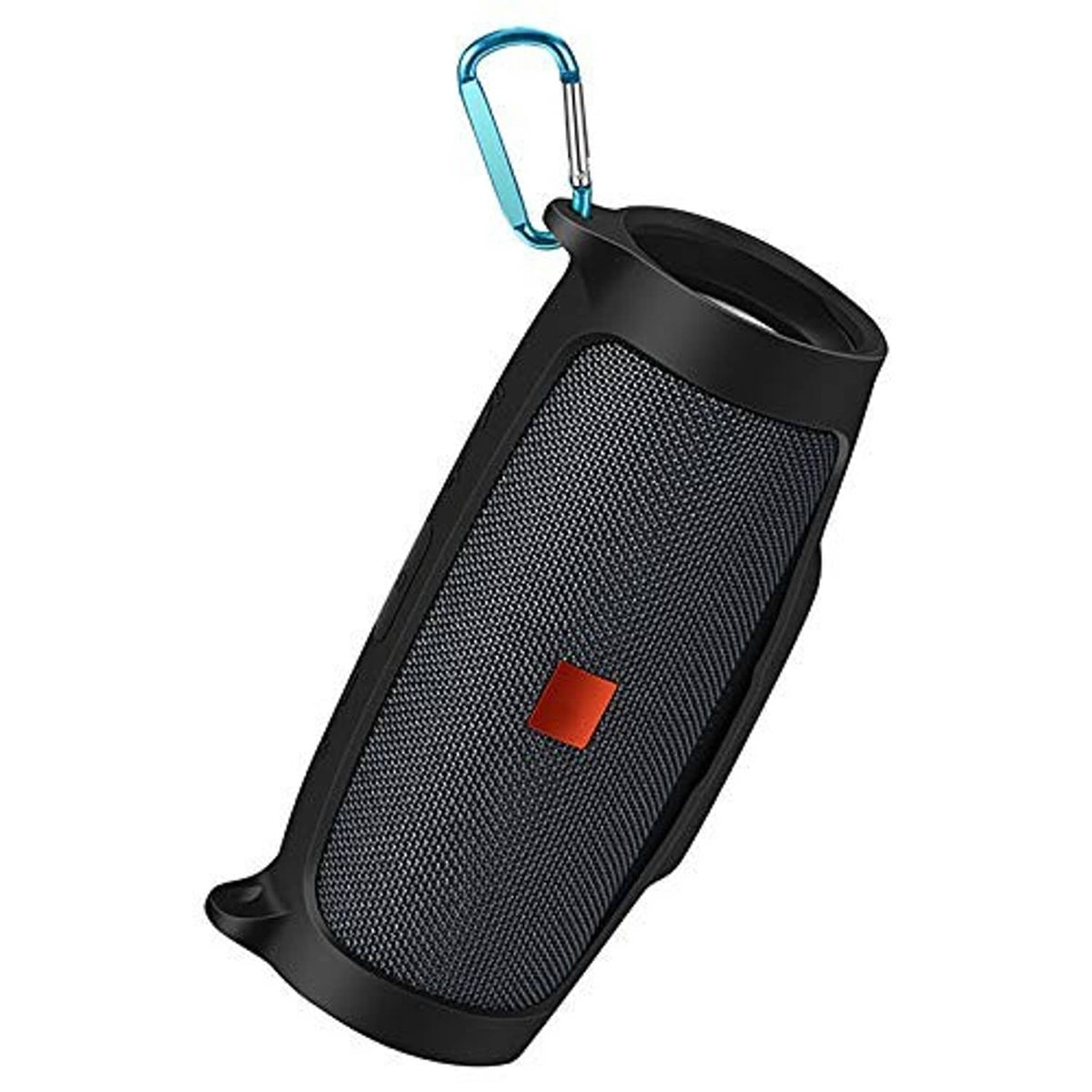 Black silicone protective speaker sleeve with front fabric texture and blue carabiner