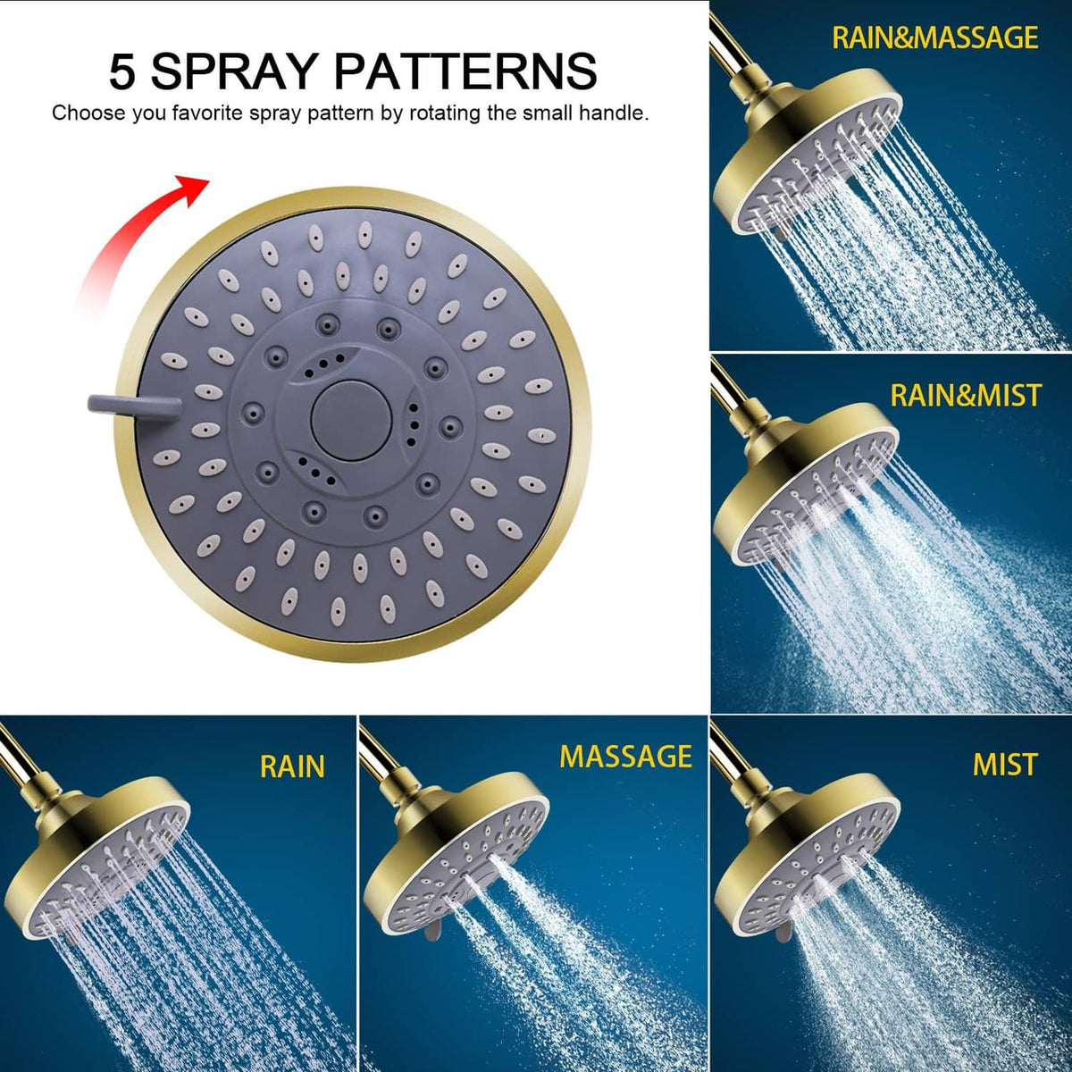 Golden shower head with rain, massage, and mist spray pattern outlets