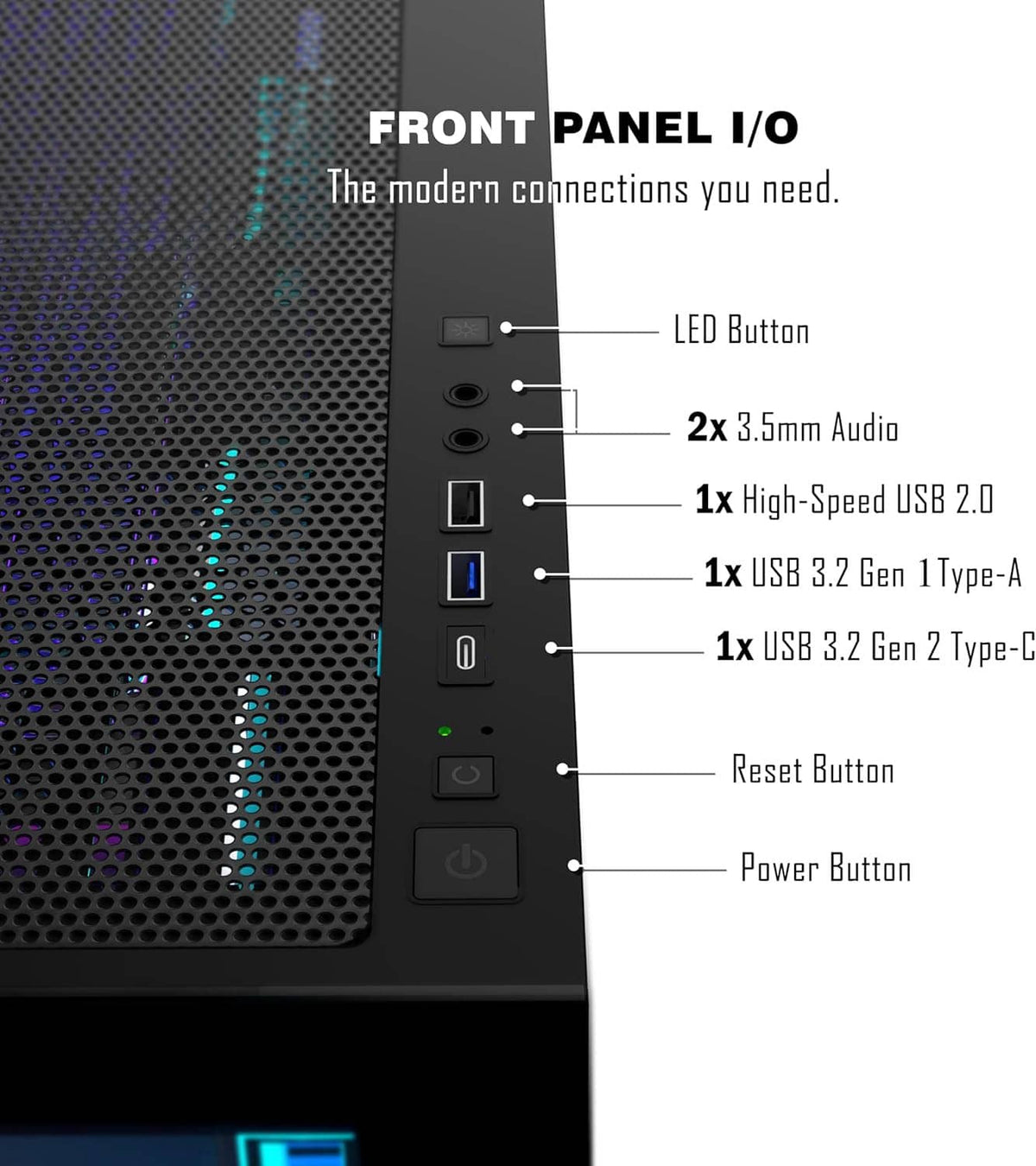 Front I/O panel of mid-tower PC case with LED button and USB/audio ports