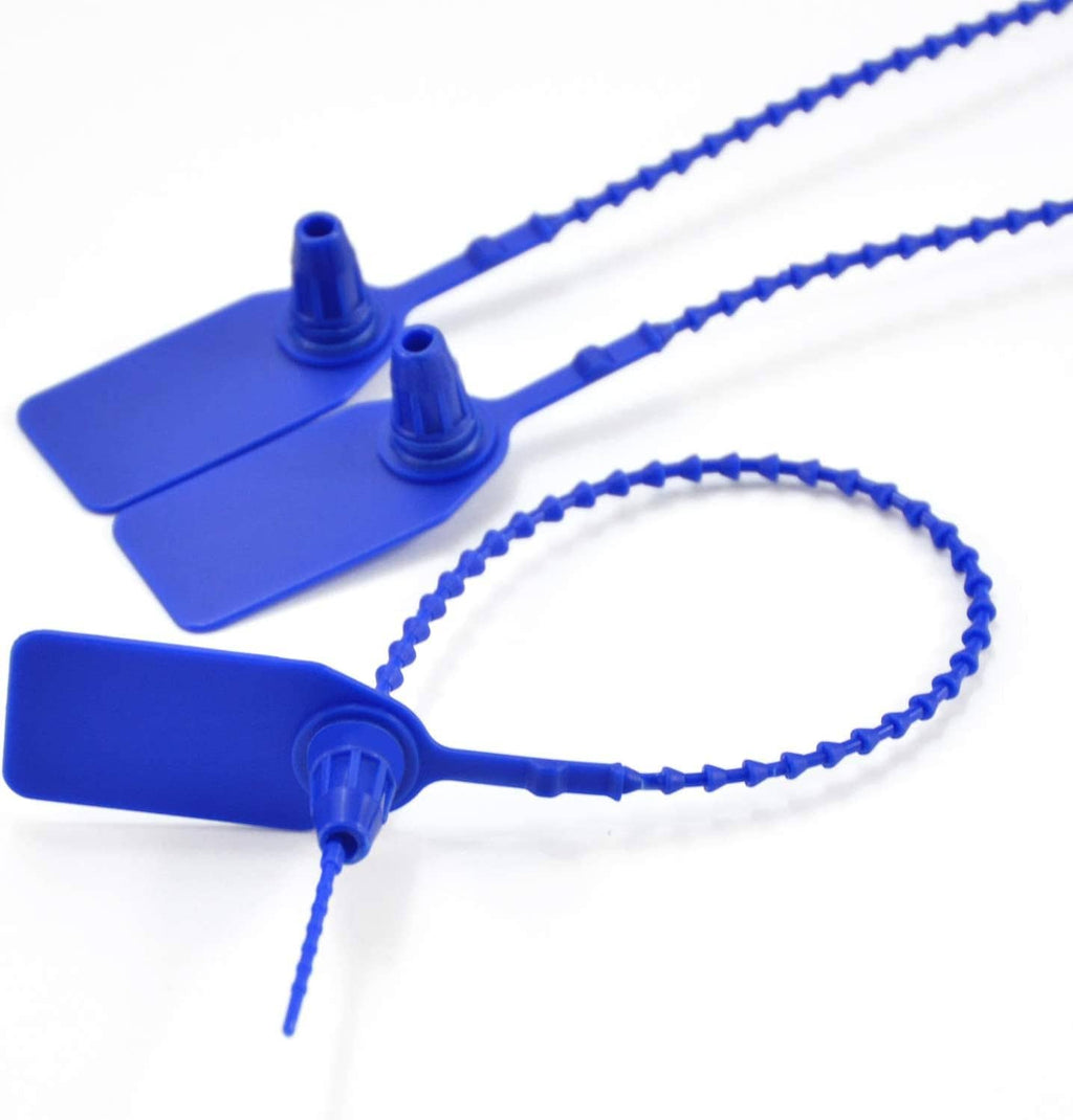 Blue plastic tamper seal zip ties bundled together with looped locking ends and pegs.