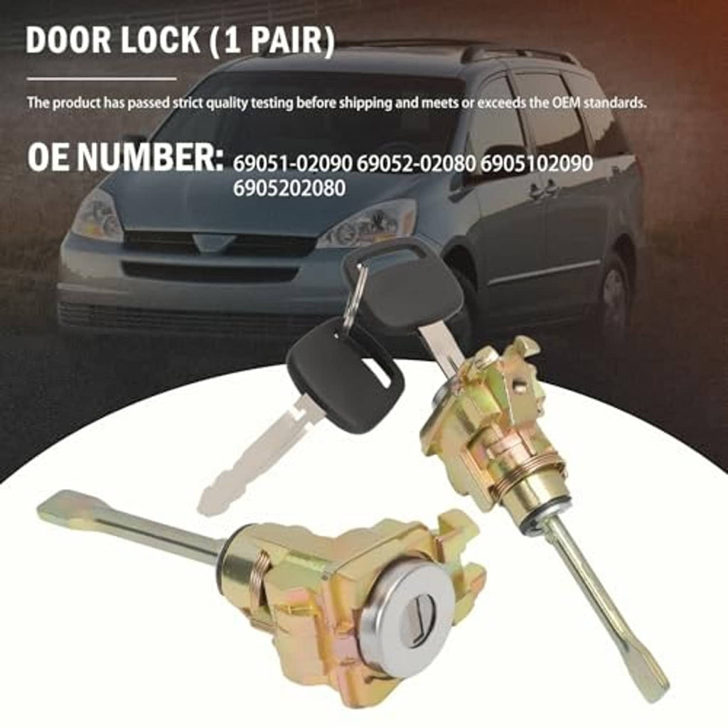 Front door lock cylinder with keys, gold metal housing and black key fob pair