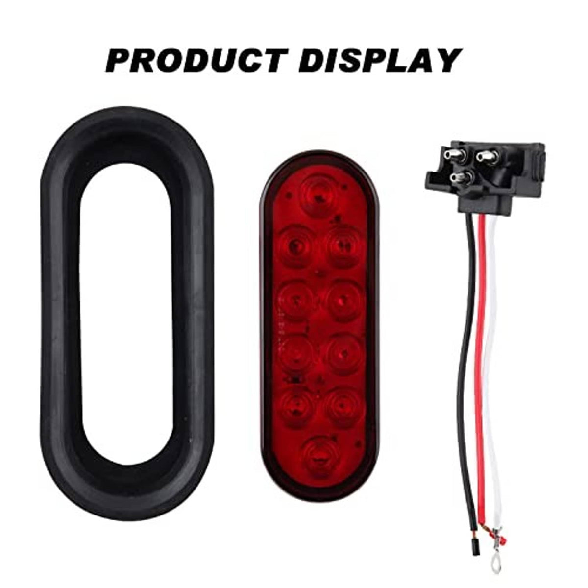 Oval LED trailer tail light with red lens, black housing, and wiring connector cables.